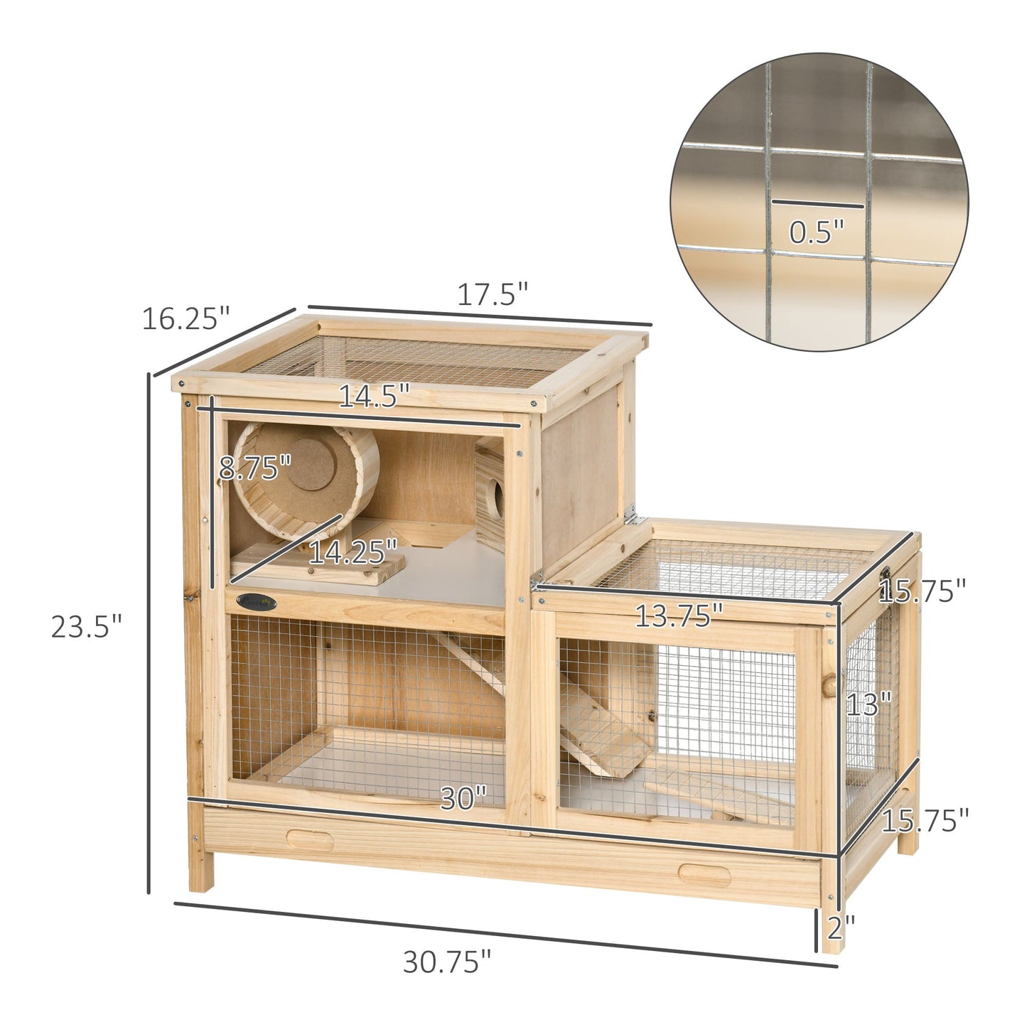 Wooden Hamster Cage, Mice Rodent Small Animals Kit Hutch, 2 Tiers Exercise Play House, with Sliding Tray, Ladder, Seesaw, Running Wheel, Openable Roofs, 31" x 16" x 23.5", Natural Wood - Gallery Canada