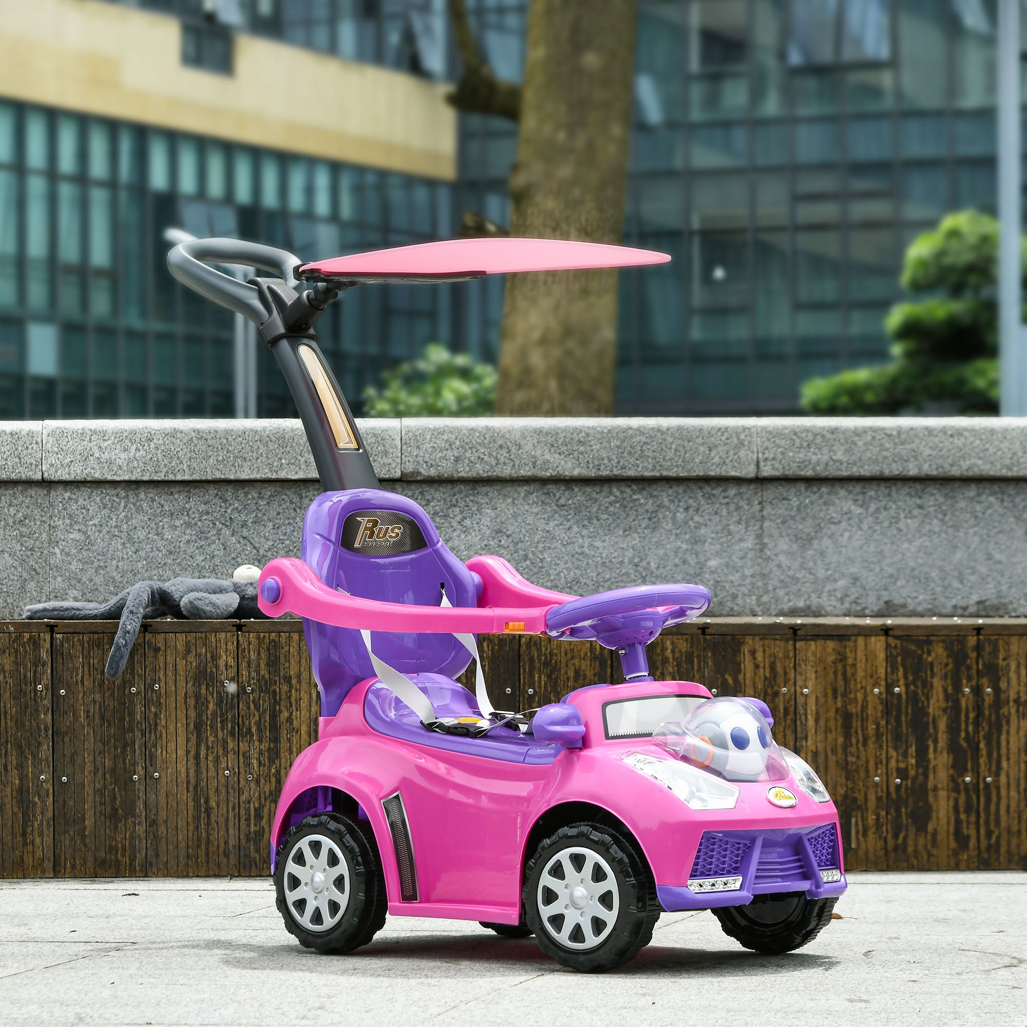 3 in 1 Kids Push Car Toddler Sliding Car, Foot to Floor Design with Music, Light, Handle, Removable Canopy, Pink Push Cars for Toddlers at Gallery Canada