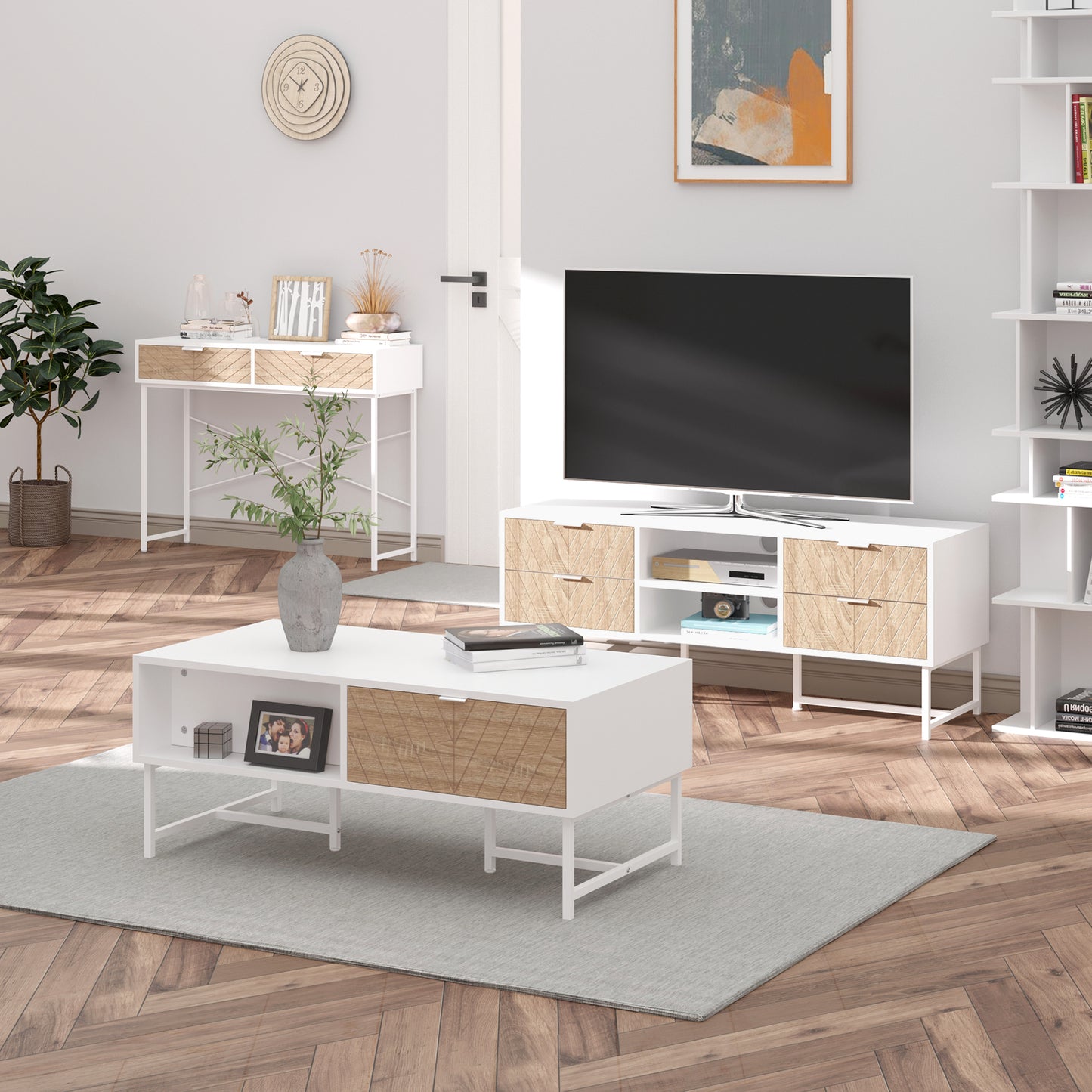 Modern TV Stand for TVs up to 60 inches, Media Console Table with Open Storage Shelves and Drawers for Living Room, Bedroom, White TV Stands   at Gallery Canada