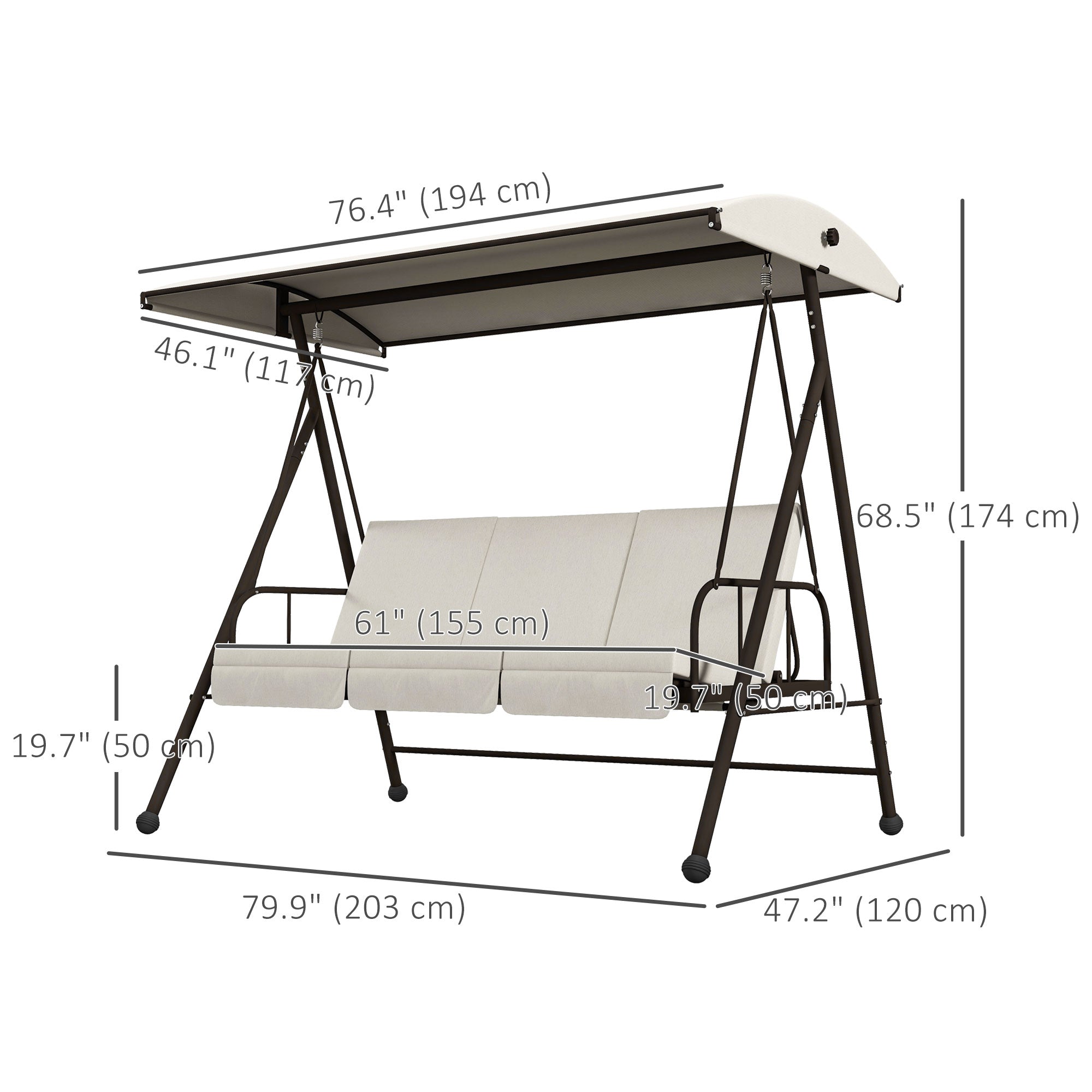 3-Seat Outdoor Porch Swing Patio Swing with Adjustable Canopy, Removable Seat and Back Cushion for Garden, Poolside Patio Swings with Stand   at Gallery Canada