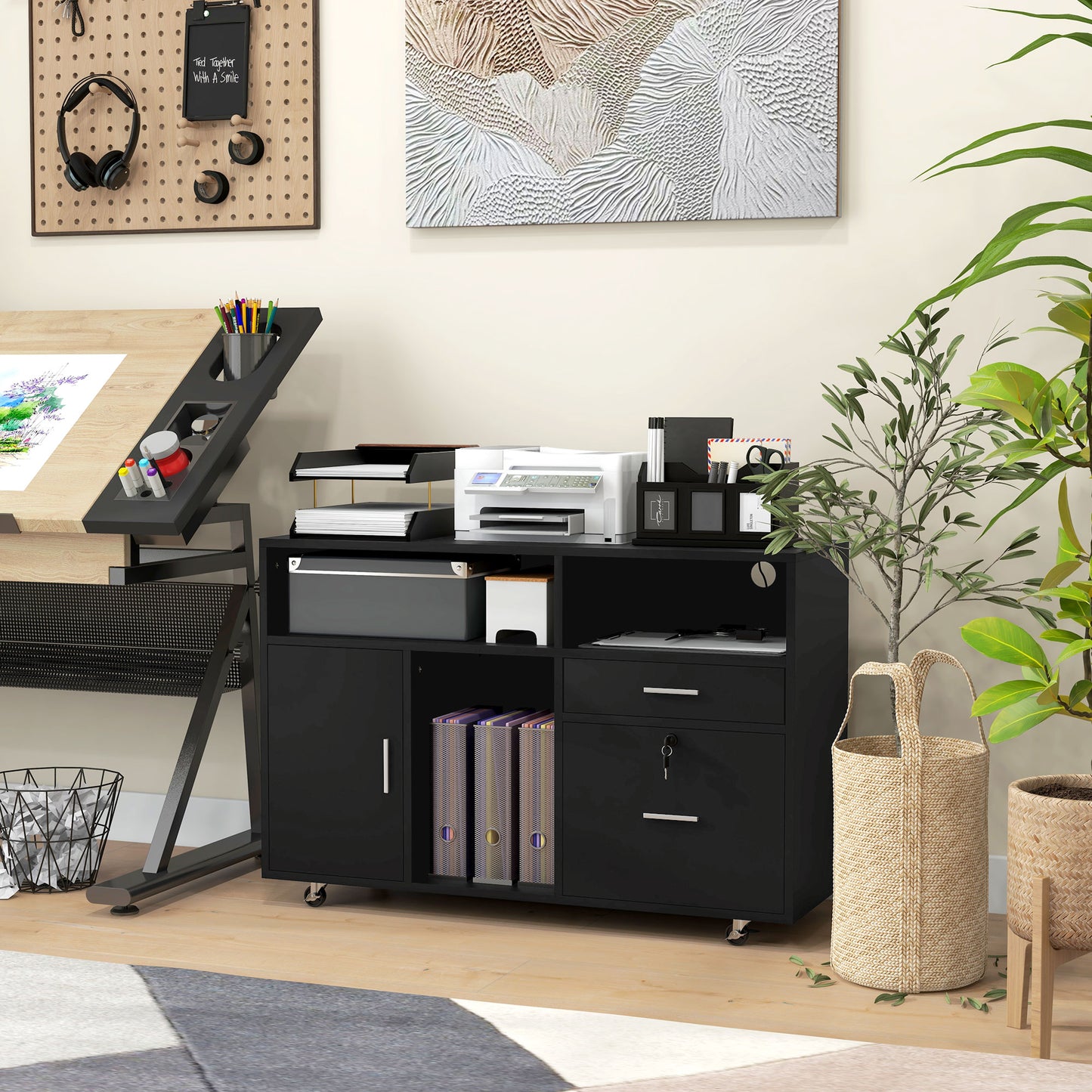 Mobile Printer Stand with Charging Station and USB Ports, Locking Filing Cabinet for A4 and Letter Size, Black Office Cabinets & Cupboards at Gallery Canada