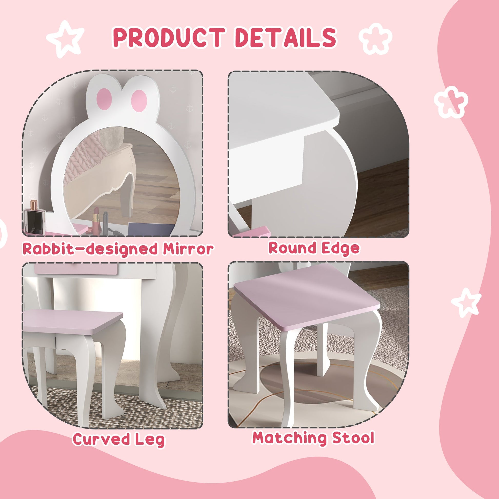 Kids Makeup Vanity Set with Stool, Mirror, Drawer, Storage Boxes, Rabbit Design, White Toy Vanity   at Gallery Canada