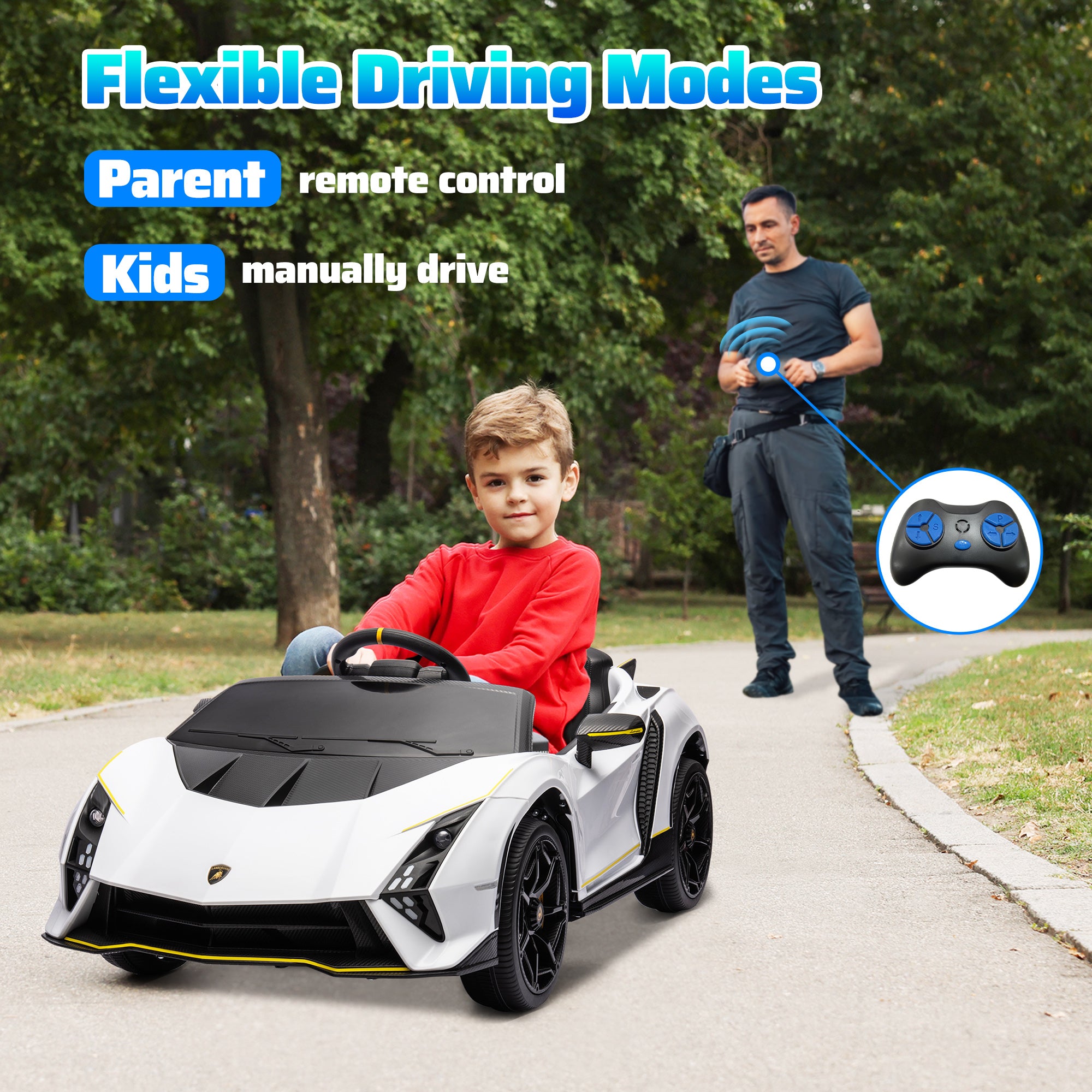 12V Lamborghini Autentica Licensed Kids Car with Remote Control, 4 Wheels Spring Suspension, Soft Start, White Electric Toy Cars   at Gallery Canada