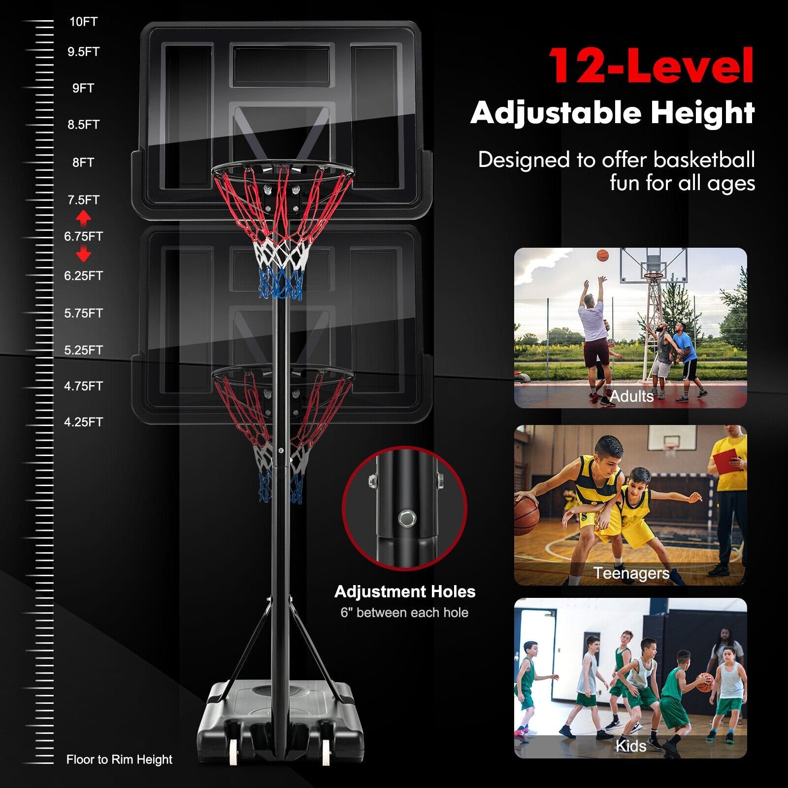 4.25-10 Feet Adjustable Basketball Hoop System with 44 Inch Backboard-A, Black Sport Equipments   at Gallery Canada