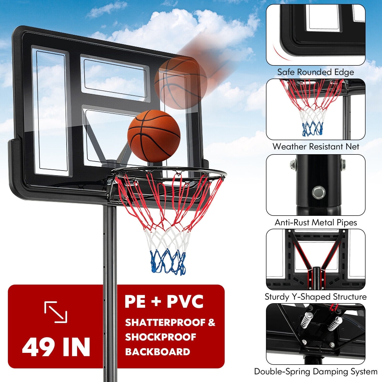 4.25-10 Feet Adjustable Basketball Hoop System with 44 Inch Backboard-A, Black Sport Equipments   at Gallery Canada