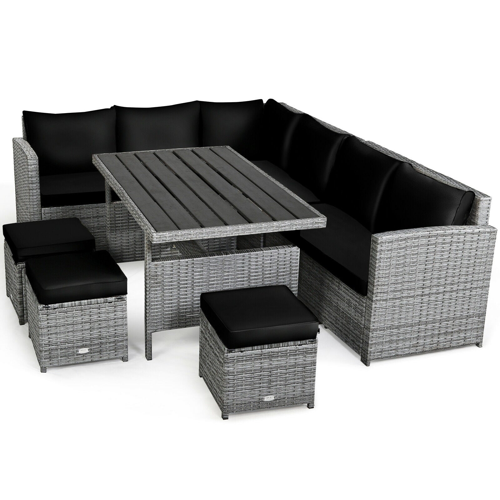 7 Pieces Patio Rattan Dining Furniture Sectional Sofa Set with Wicker Ottoman, Black Outdoor Sectionals   at Gallery Canada