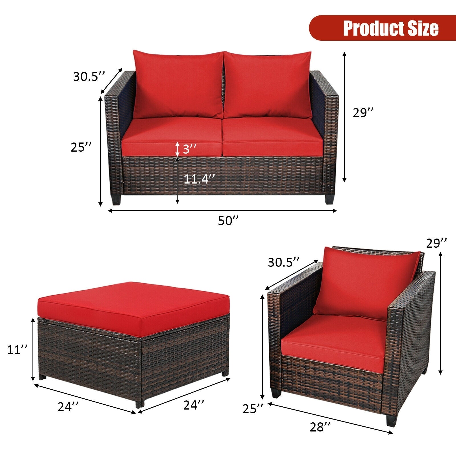 5 Pieces Patio Cushioned Rattan Furniture Set, Red Outdoor Sectionals   at Gallery Canada