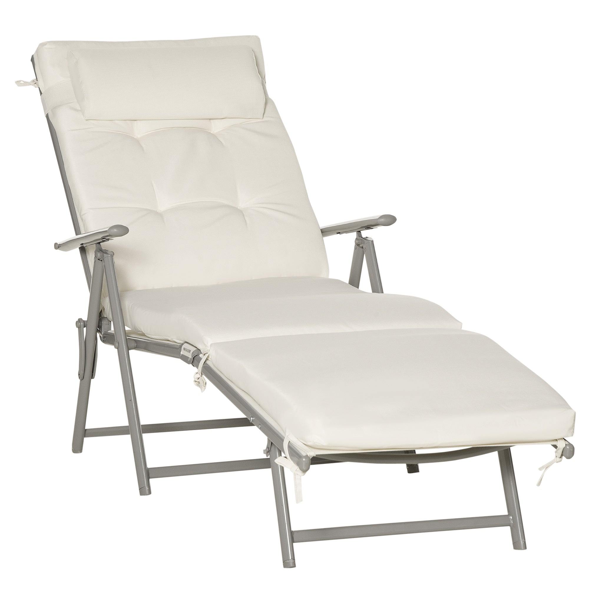 Outdoor Folding Chaise Lounge Chair Recliner with Portable Design, Adjustable Backrest, Cushion and Headrest, Cream White Lounger Chairs   at Gallery Canada