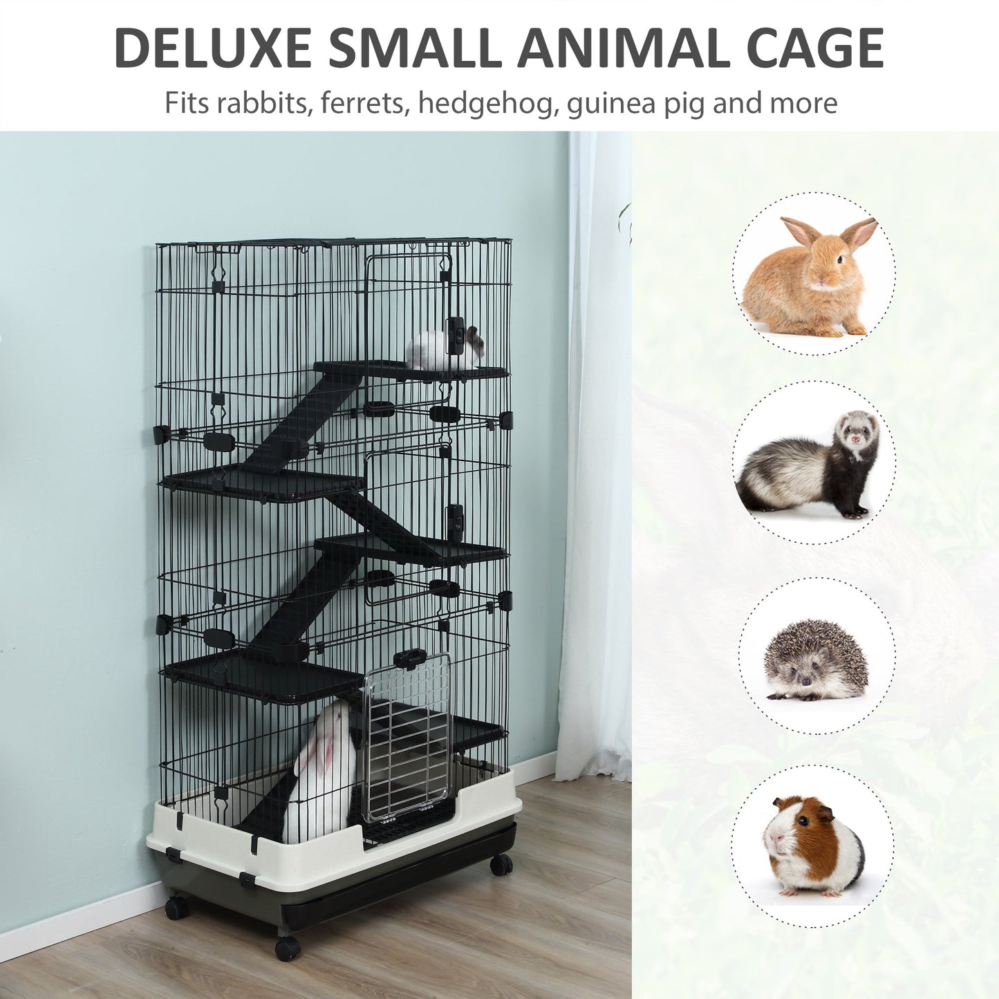 32"L 6-Level Small Animal Cage Rabbit Hutch with Universal Lockable Wheels, Slide-Out Tray for Bunny, Chinchillas, Ferret, Black Houses & Habitats   at Gallery Canada