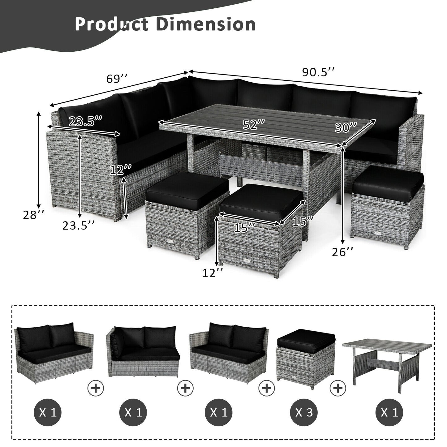 7 Pieces Patio Rattan Dining Furniture Sectional Sofa Set with Wicker Ottoman, Black Outdoor Sectionals   at Gallery Canada