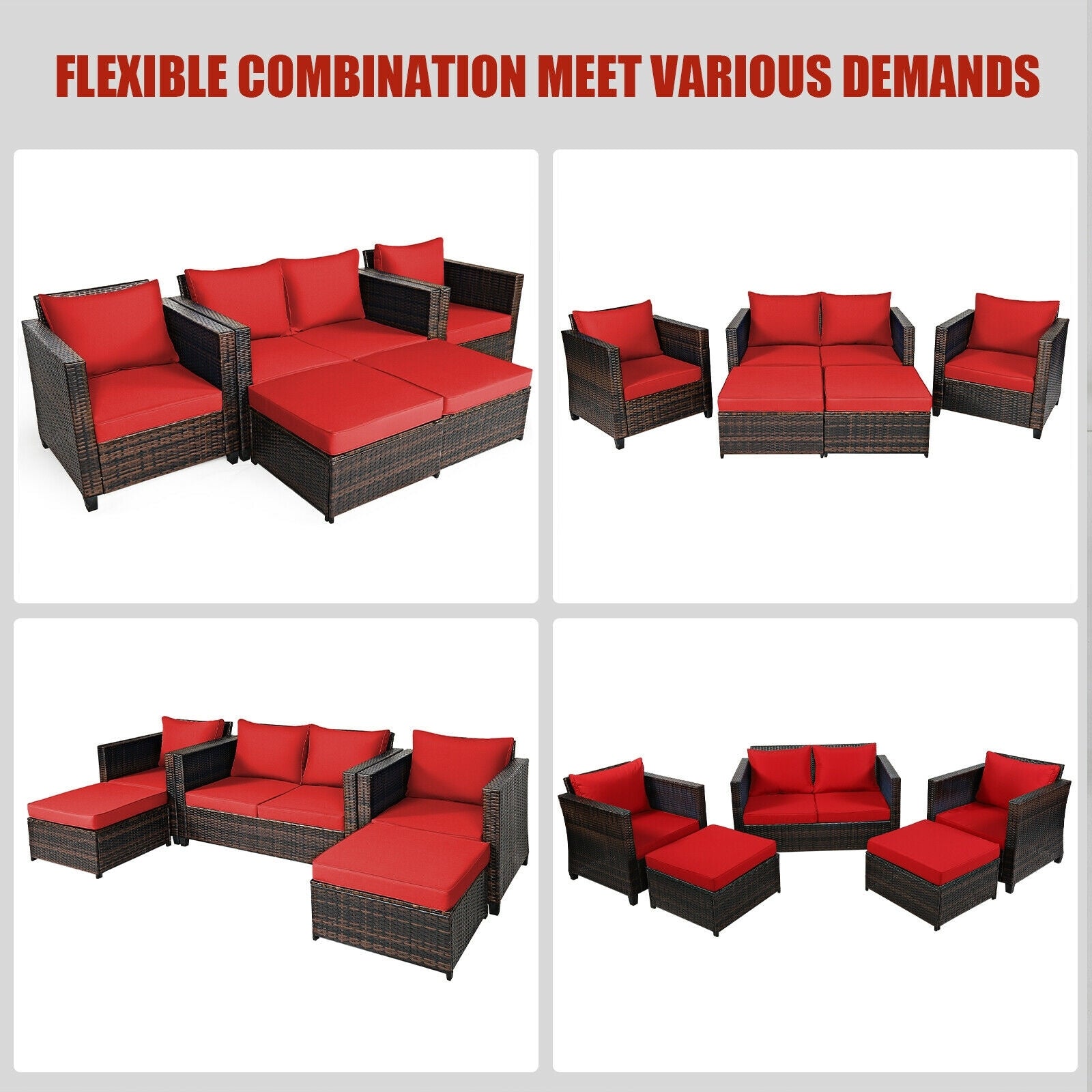 5 Pieces Patio Cushioned Rattan Furniture Set, Red Outdoor Sectionals   at Gallery Canada