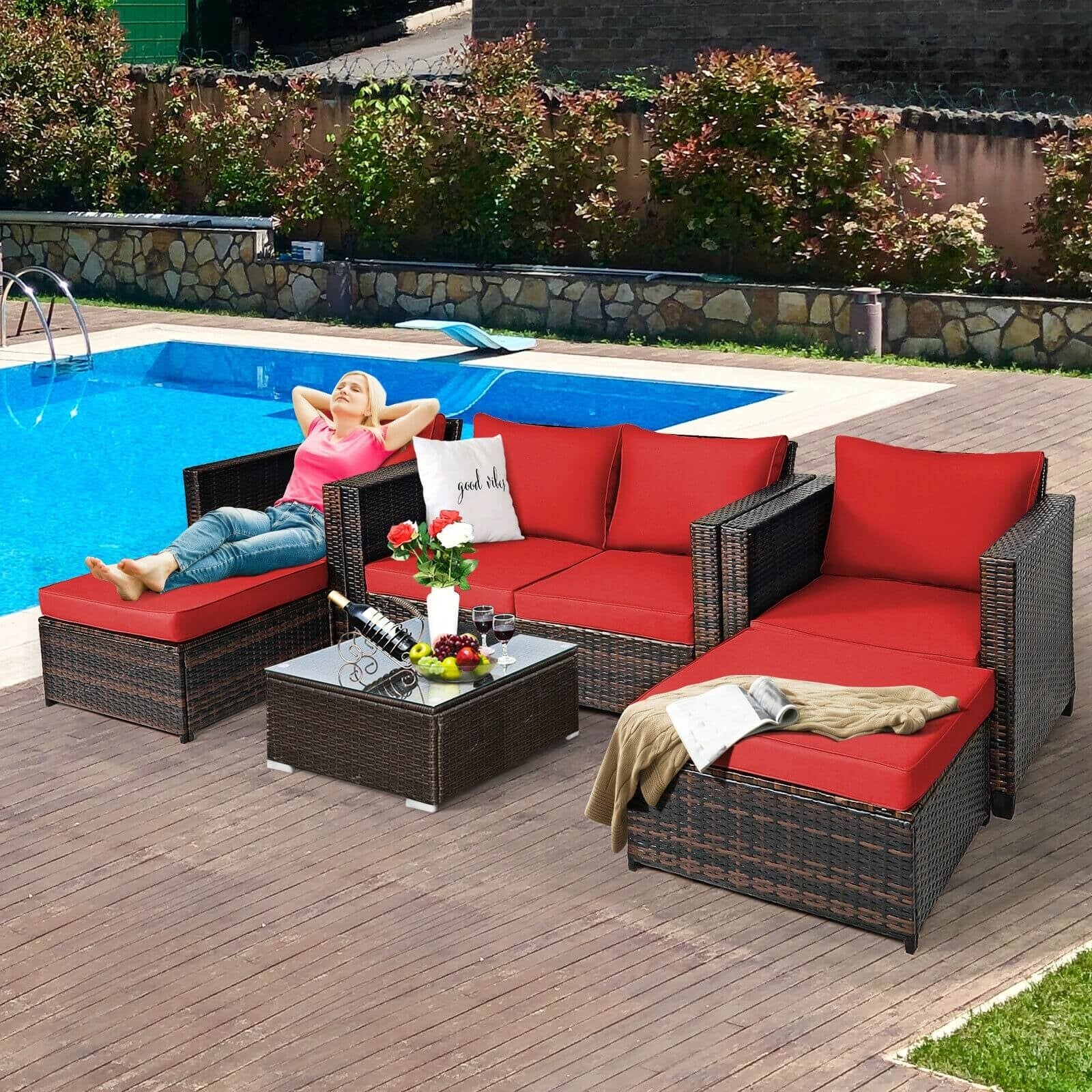 5 Pieces Patio Cushioned Rattan Furniture Set, Red Outdoor Sectionals   at Gallery Canada