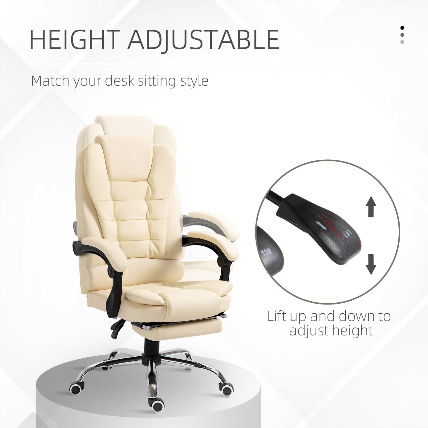 High Back Office Chair PU Leather Executive Office Chair with Retractable Footrest Padded Armrest Cream White Executive & Manager Chairs   at Gallery Canada