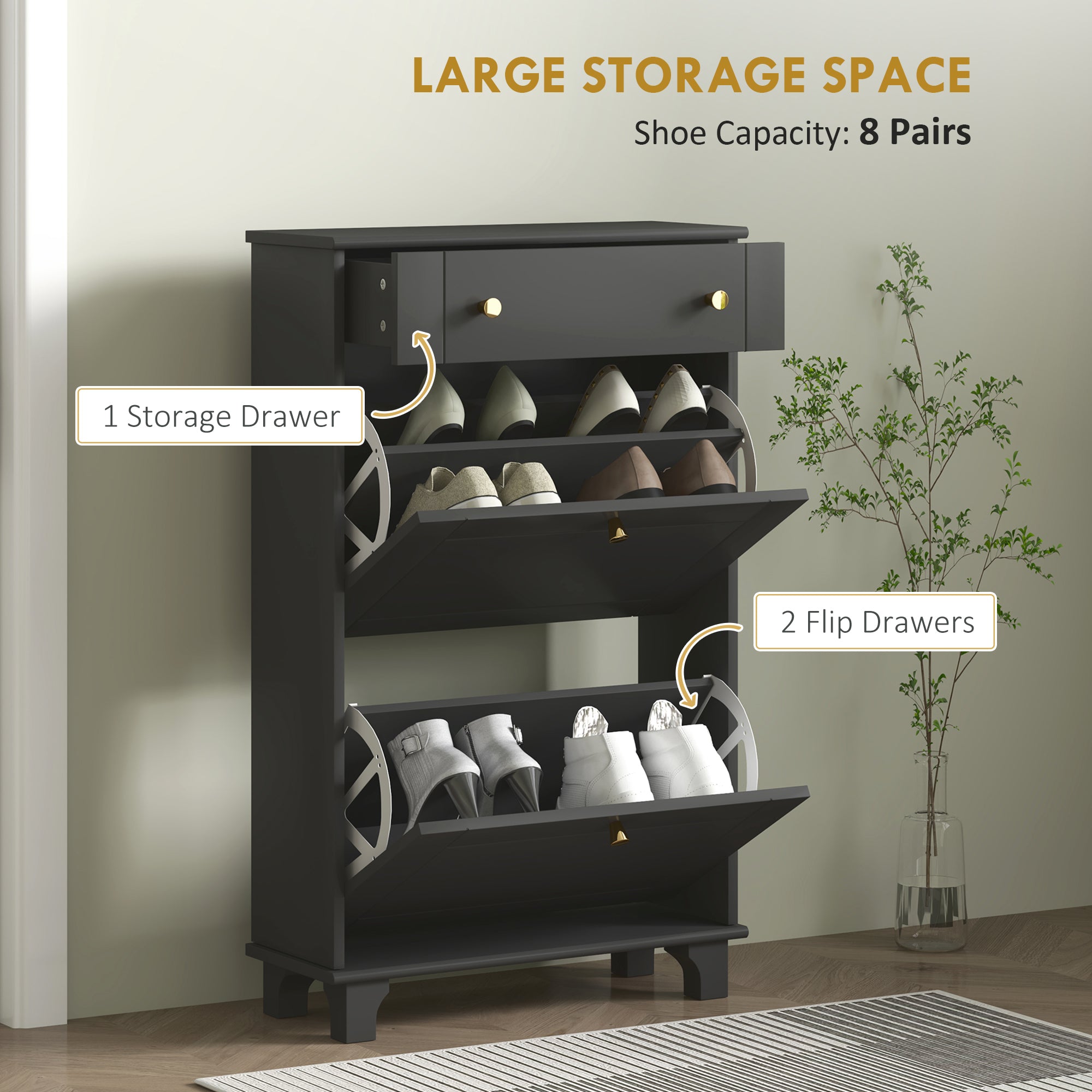 Slim Shoe Storage with 2 Flip Drawers and Adjustable Shelves Shoe Cabinet Organizer for 8 Pair, Black Shoe Storage Cabinets & Racks at Gallery Canada