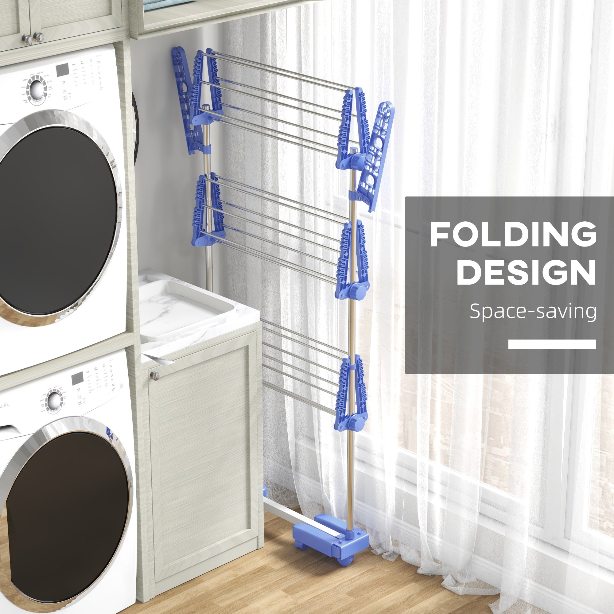 Stainless Steel 3-Tier Collapsible Clothes Drying Rack with Wheels, Blue Bath Accessories   at Gallery Canada