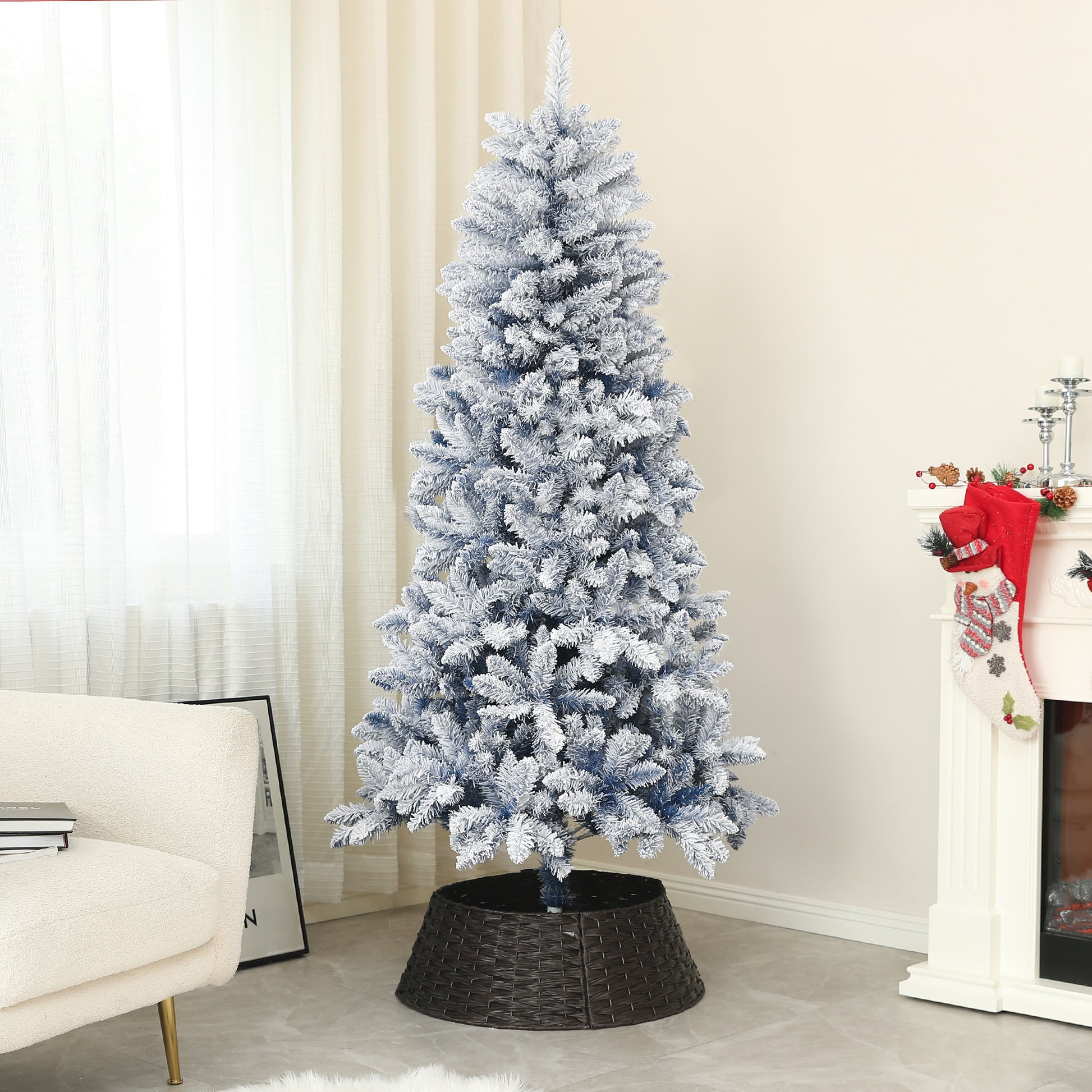 6ft Flocked Blue Christmas Tree, Artificial Christmas Tree with Hinged Design, Faux Snow, for Home Office Holiday Xmas Flocked Christmas Trees Blue  at Gallery Canada