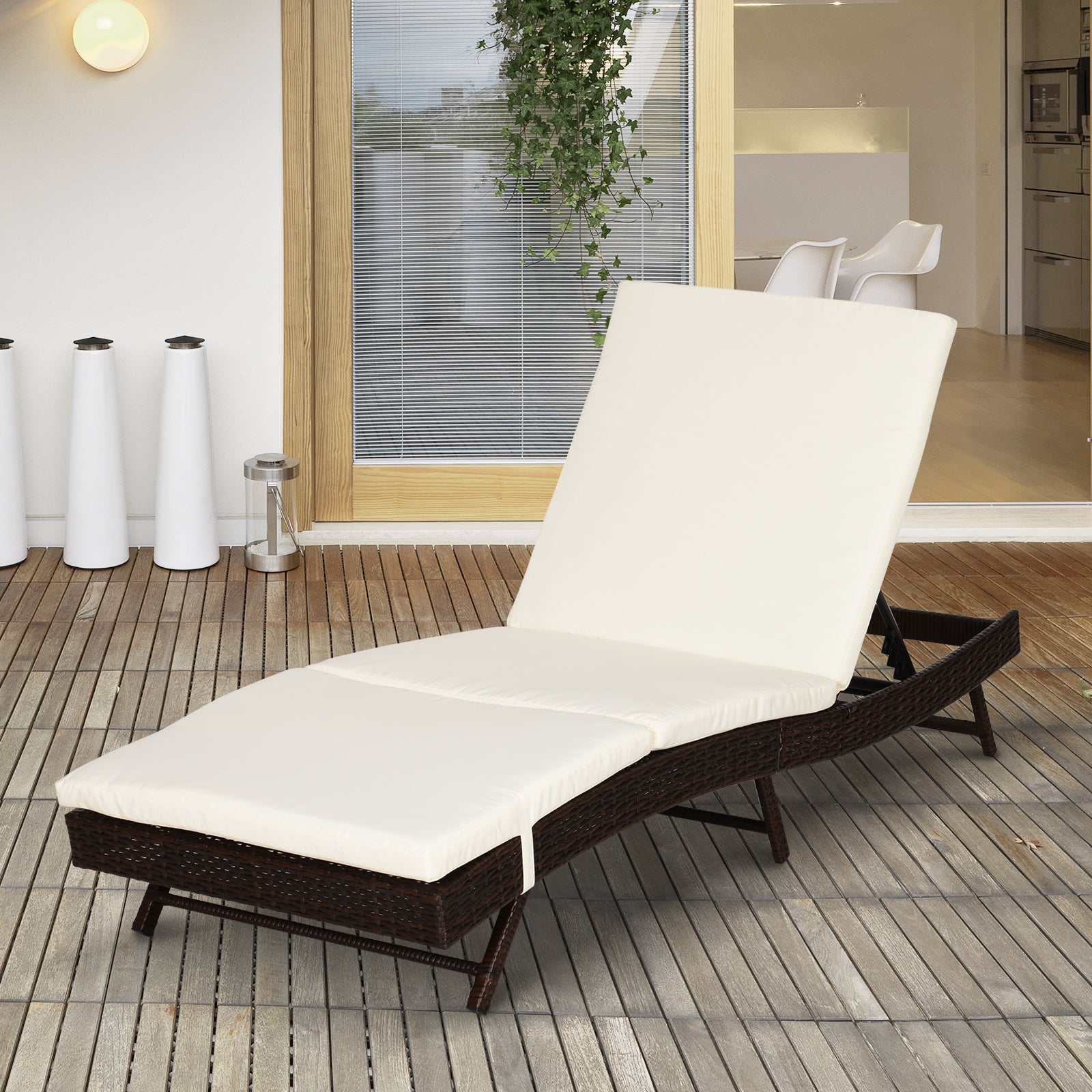 Wicker Patio Lounger, Outdoor S Shape Recliners Lounge Chair w/ 5-Level Adjustable Backrest, Soft Padded Cushion for Outdoor Use, Cream White Chaise Loungers   at Gallery Canada