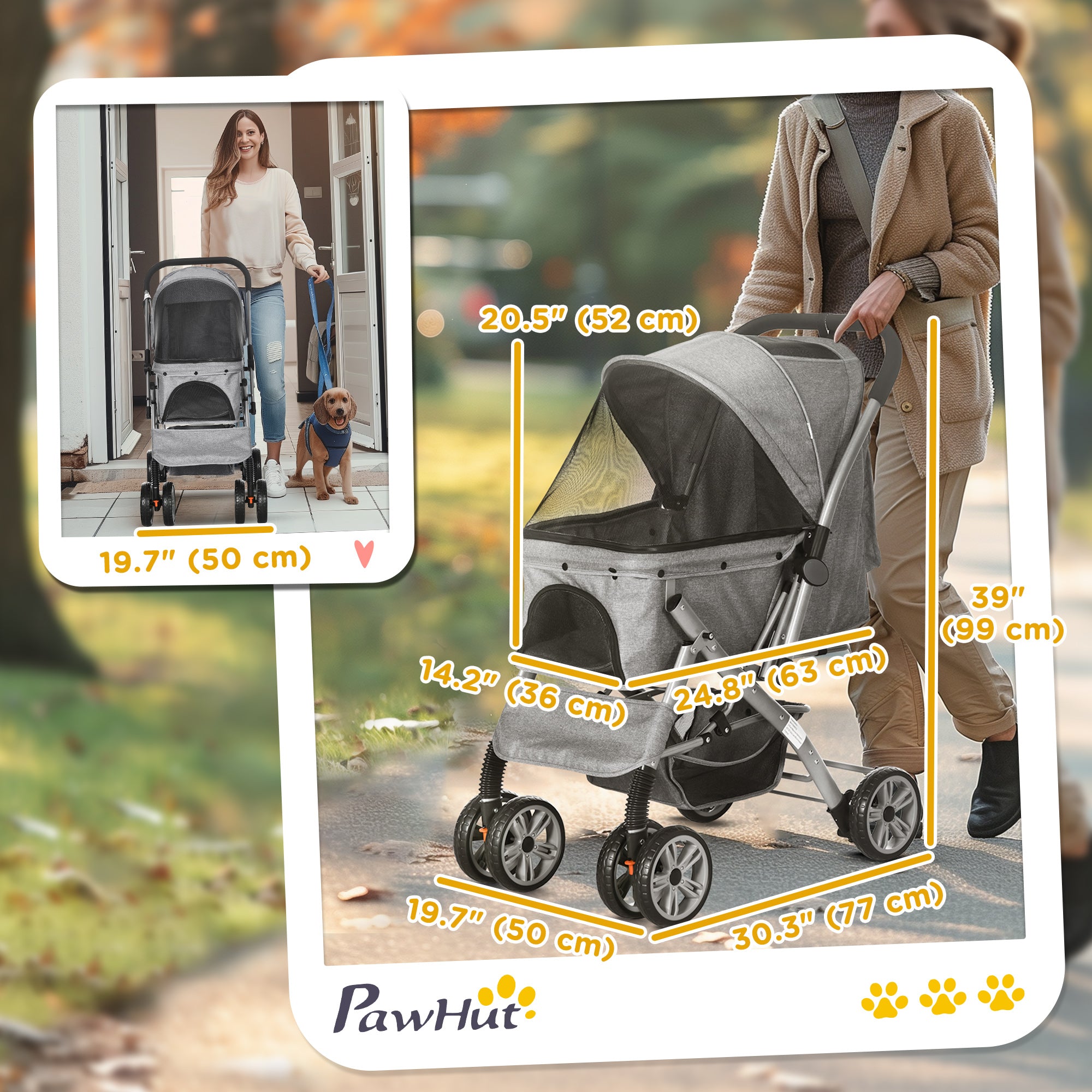 4 Wheels Pet Stroller w/ Reversible Handle, Foldable Dog Cat Travel Carriage w/ EVA Wheels Basket Storage Bag 3-stage Canopy Grey Dog Bike Trailers & Strollers at Gallery Canada