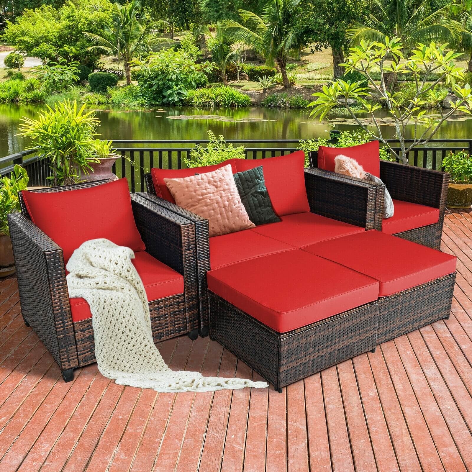 5 Pieces Patio Cushioned Rattan Furniture Set, Red Outdoor Sectionals   at Gallery Canada