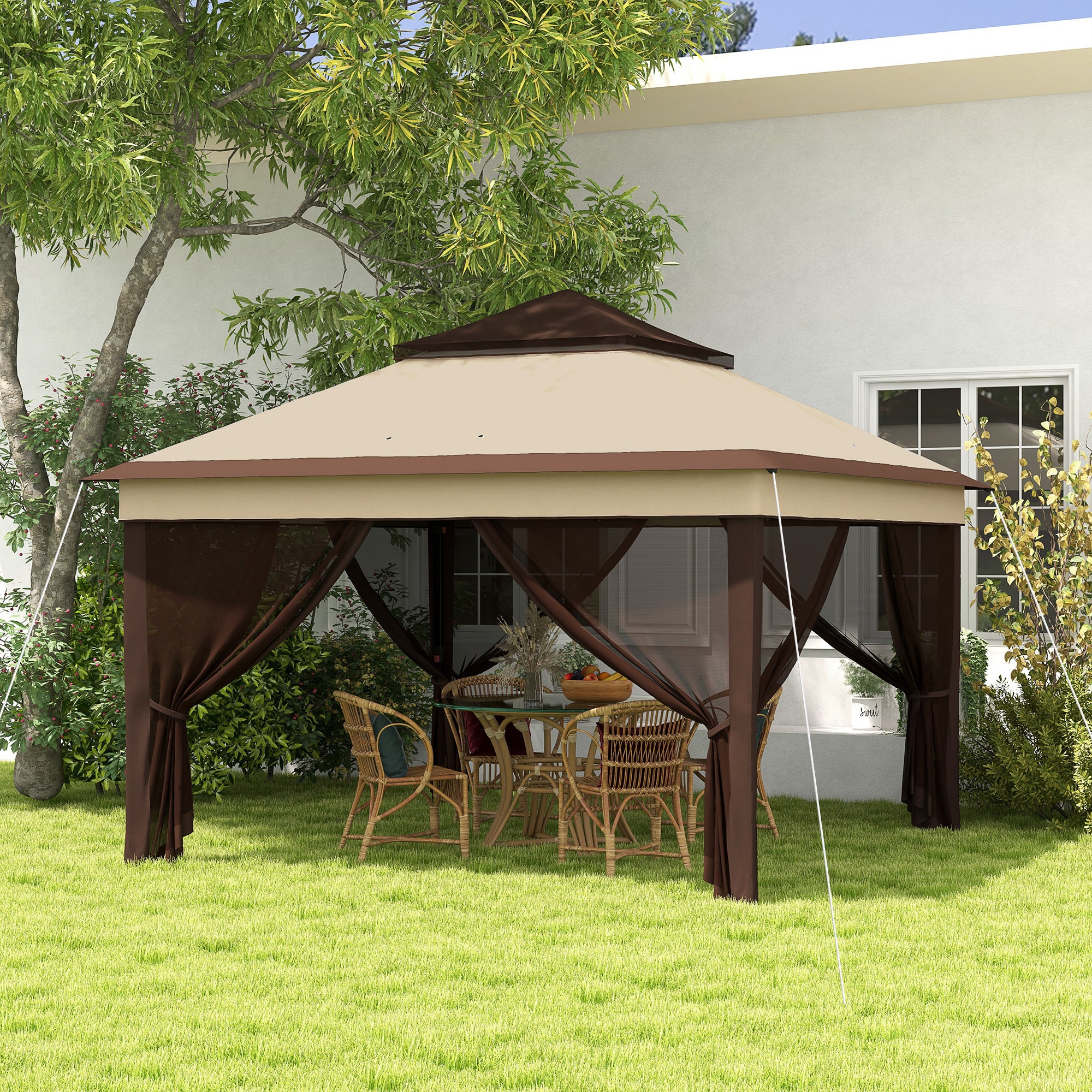 10.7 x 10.7ft Pop Up Gazebo, Adjustable Instant Sun Shelter with UV30+ Roof Cover, Removable Mesh Curtains, Beige Pop Up Canopies at Gallery Canada