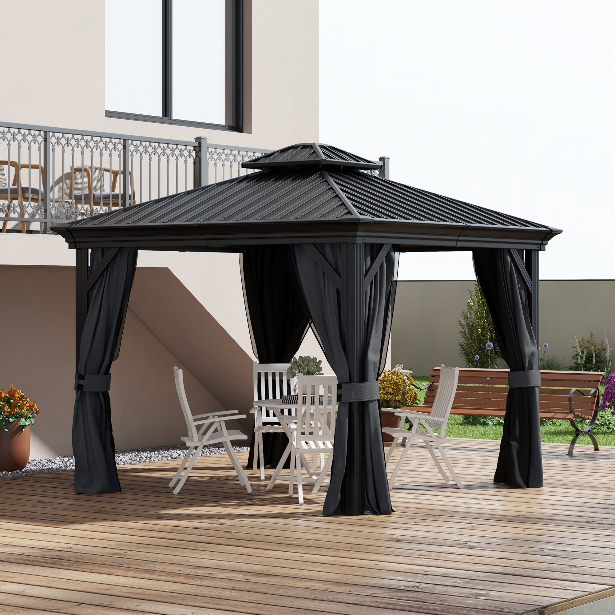 10' x 12' Outdoor Hardtop Gazebo with Galvanized Canopy &; Netting Sidewalls for Lawn, Backyard, Dark Grey Gazebos Dark Grey at Gallery Canada