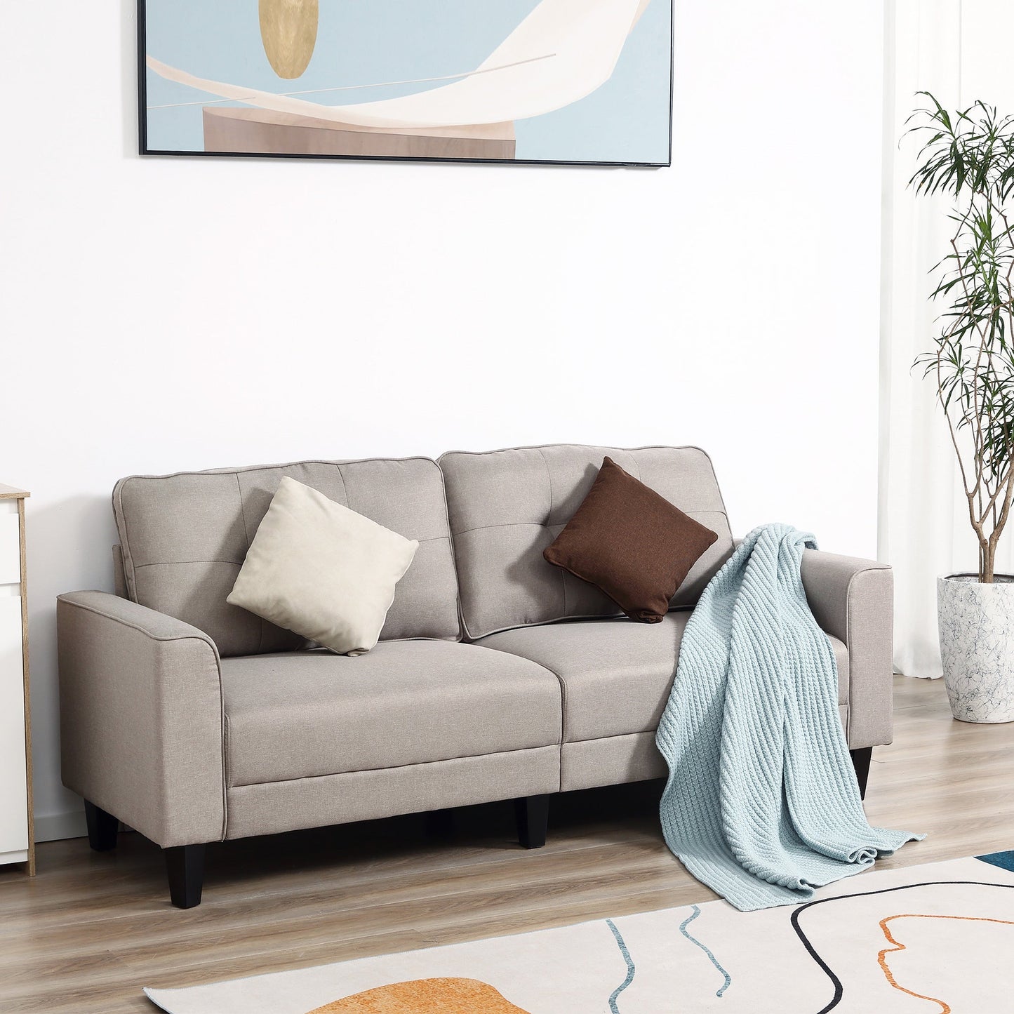 3-Seater Sofa, Mid-Century Linen Couch with Upholstered Seat, Button-Tufted Back Cushion and Rubber Wood Legs for Living Room, Bedroom, Beige 3-Seater Sofas   at Gallery Canada