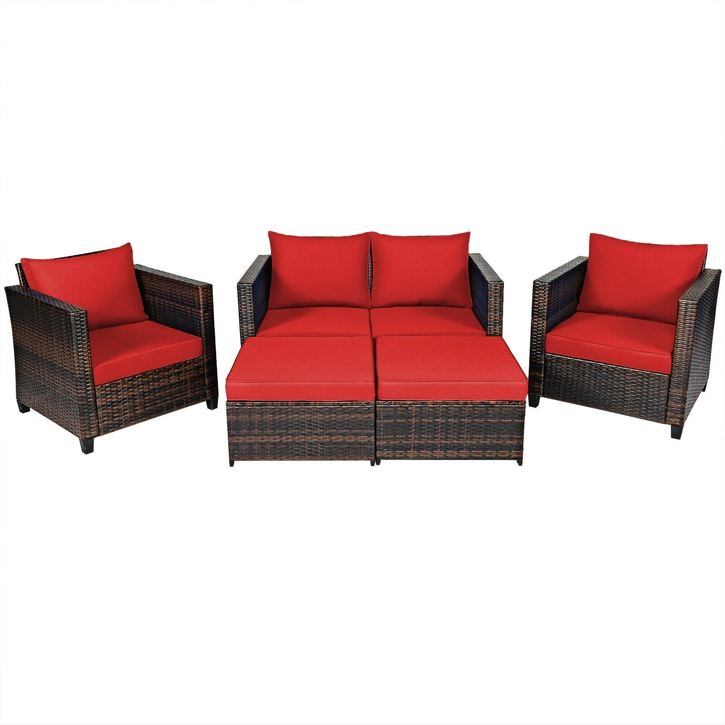 5 Pieces Patio Cushioned Rattan Furniture Set, Red Outdoor Sectionals Red  at Gallery Canada