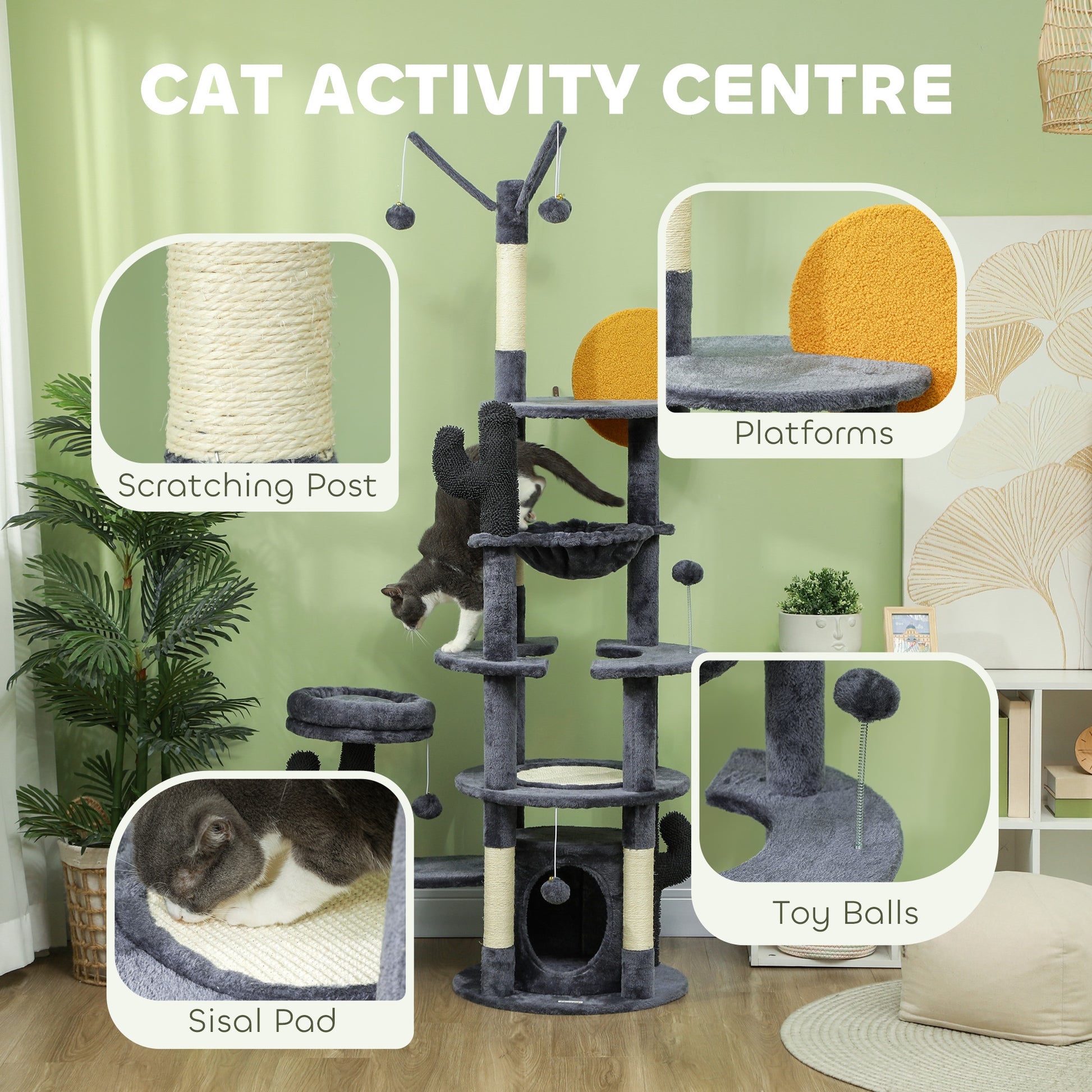 71" Cat Tree, Cat Tower with Scratching Posts, Sisal Pad, Cat Condo, Bed, Hammock, Platforms, Toy Balls, Dark Grey Cat Towers   at Gallery Canada