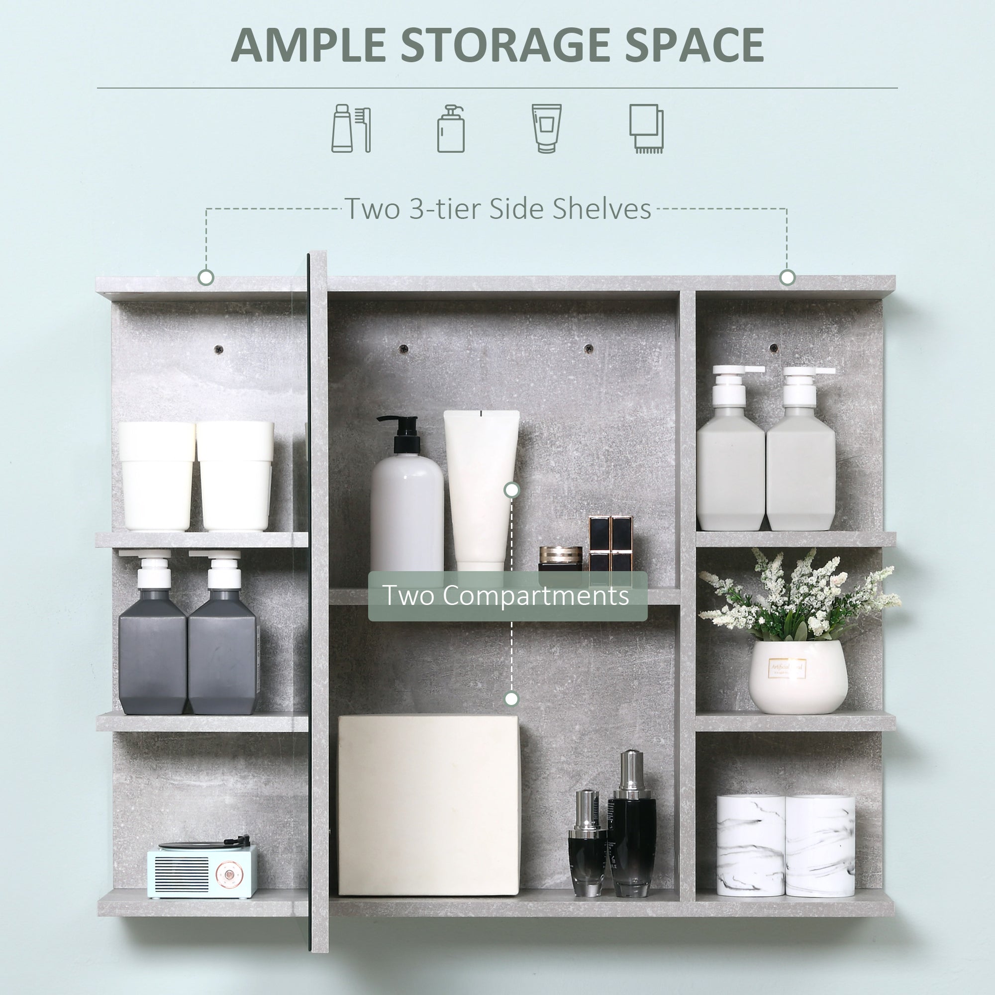 Medicine Cabinet with Mirror, Cement-Like Contemporary Bathroom Wall Cabinet with 6 Open Shelves, Grey Mirror Medicine Cabinets at Gallery Canada