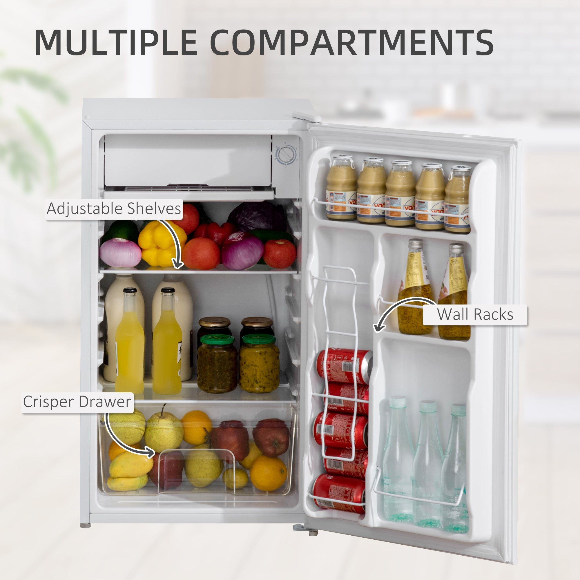 Compact Refrigerator, Mini Fridge with Freezer, Adjustable Shelf, Mechanical Thermostat and Reversible Door, White Small Kitchen Appliances   at Gallery Canada