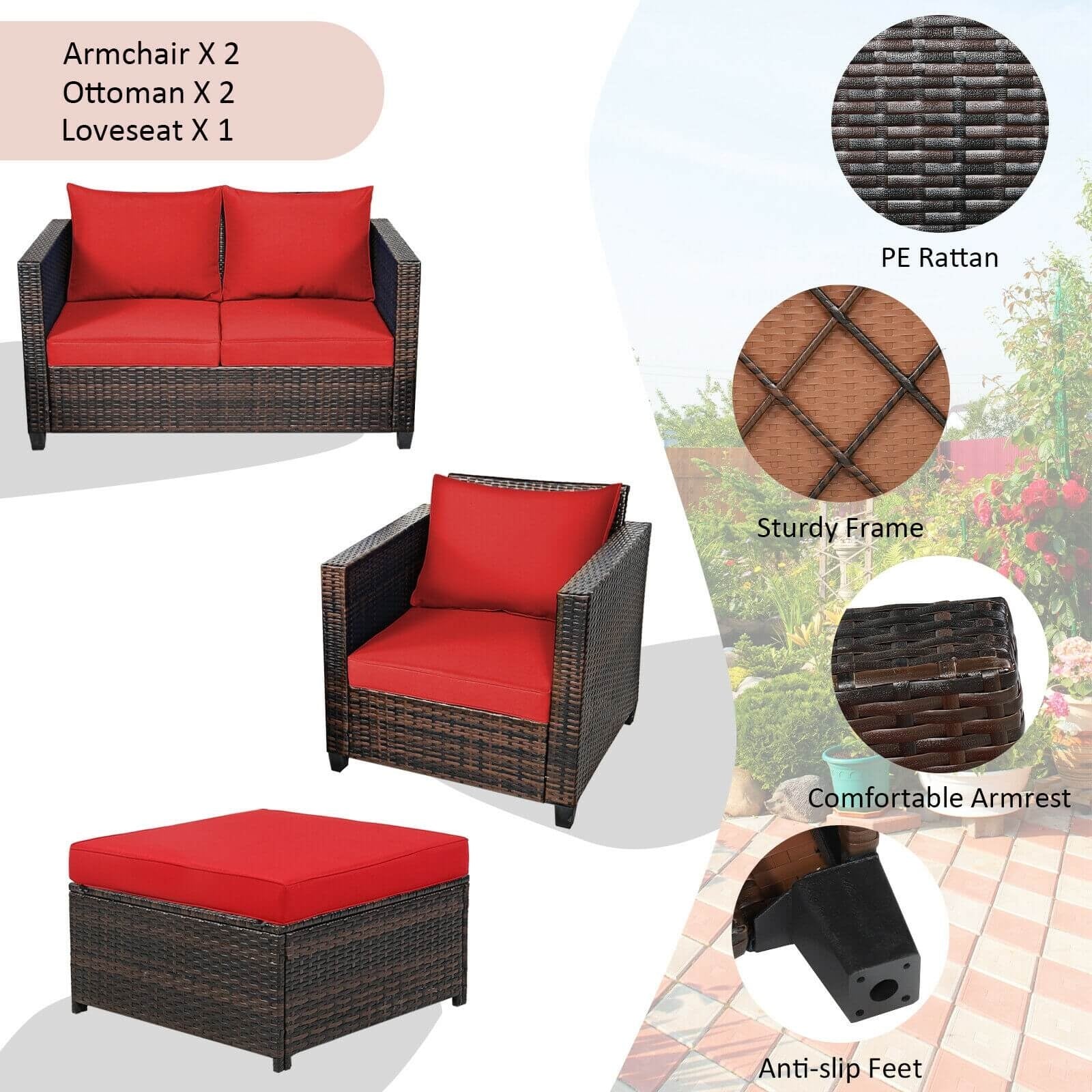 5 Pieces Patio Cushioned Rattan Furniture Set, Red Outdoor Sectionals   at Gallery Canada