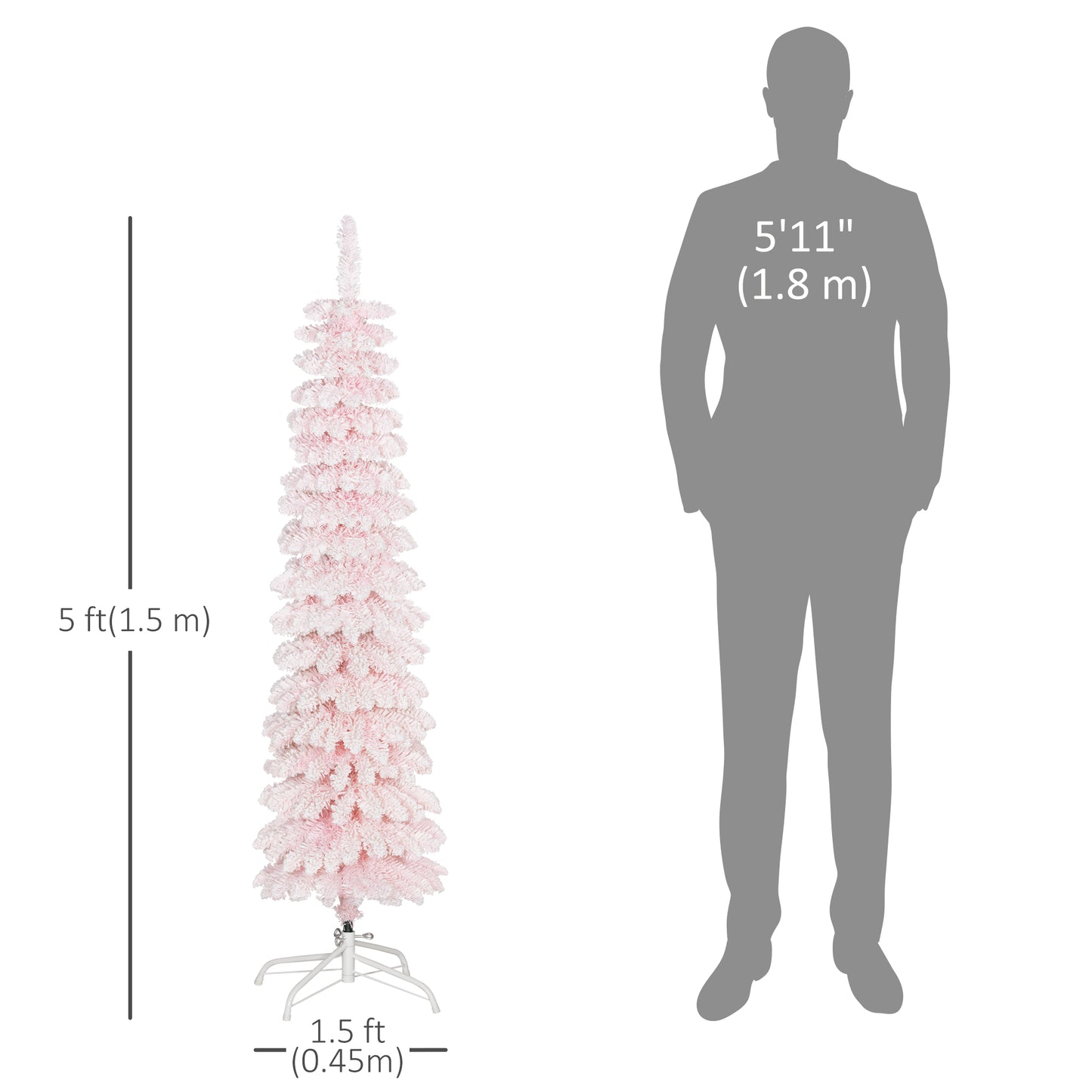 5ft Snow-Flocked Artificial Christmas Tree, Slim Pencil Xmas Tree with 301 Realistic Branches, Metal Base, Pink Pencil Christmas Trees at Gallery Canada