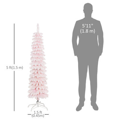 5ft Snow-Flocked Artificial Christmas Tree, Slim Pencil Xmas Tree with 301 Realistic Branches, Metal Base, Pink Pencil Christmas Trees at Gallery Canada