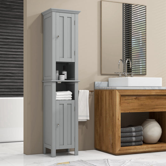 Bathroom Cabinet, Freestanding Linen Cabinet with Open Shelves and Cupboards, 13.8" x 11.8" x 62.4", Grey - Gallery Canada