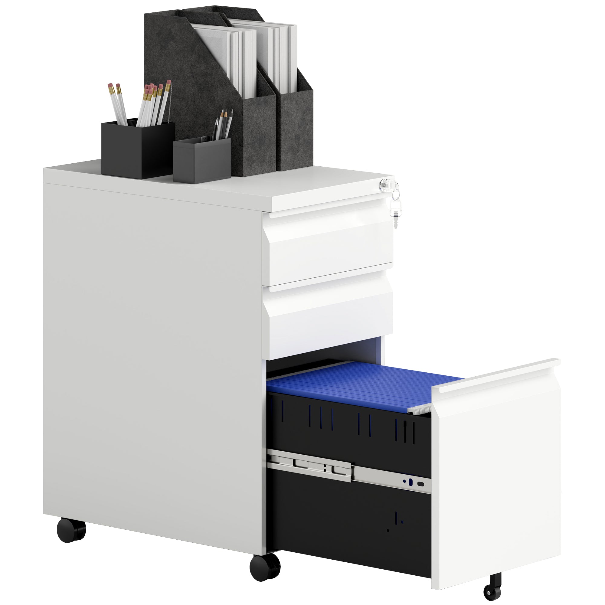 3 Drawer Filing Cabinet with Lock, Steel Office Storage Cabinet with Hanging Bar for A4, Legal, Letter Files, White Office Cabinets & Cupboards at Gallery Canada