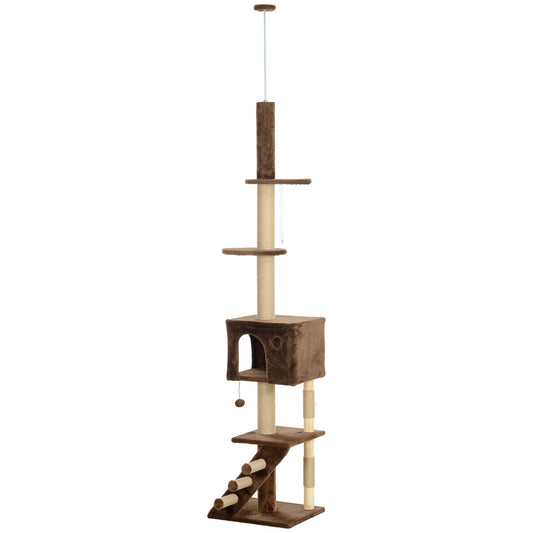 89"-104" Floor to Ceiling Cat Tree with Scratching Post, Cat House, 3-Steps, Hanging Ball, Perches, Anti-tip Kit, Brown Floor to Ceiling Cat Trees at Gallery Canada