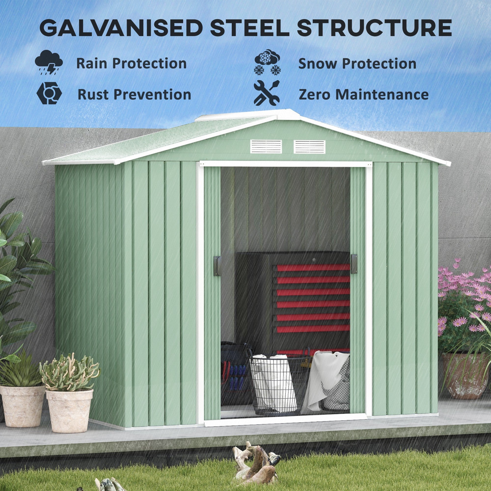 7' x 4' x 6' Garden Storage Shed Outdoor Patio Metal Tool Storage House w/ Foundation Kit and Double Doors Light Green Sheds   at Gallery Canada