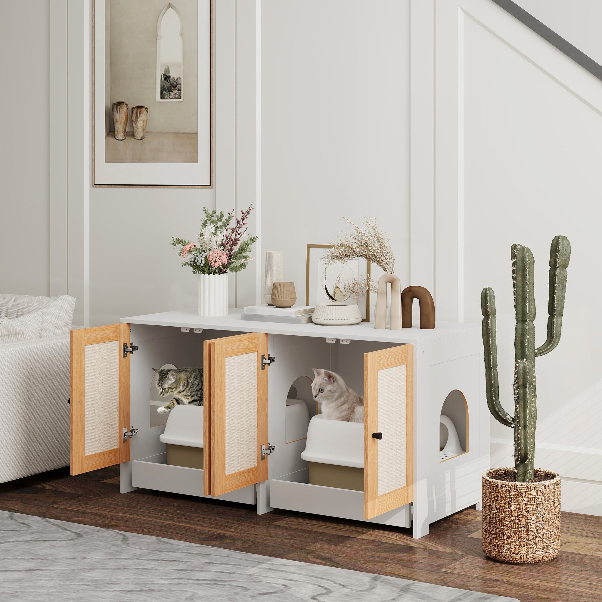 Cat Litter Box Enclosure w/ 2 Cabinets, Scratching Mats, Pull-Out Trays, Hidden Litter Box for 2 Cats, White Cat Litter Box Enclosures White  at Gallery Canada