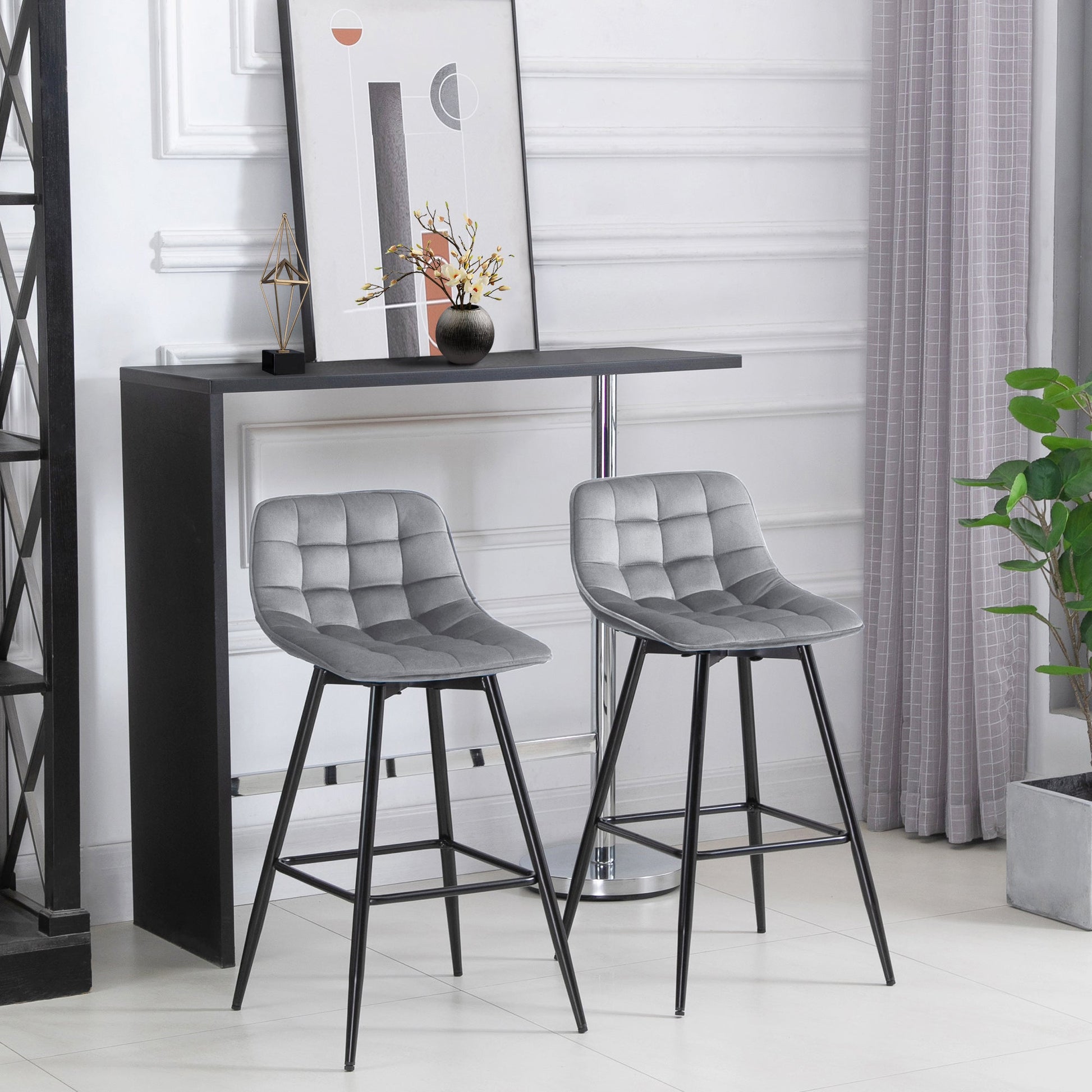 Bar Stools Set of 2, Fabric Upholstered Counter Height Bar Chairs, Kitchen Chairs with Back and Metal Legs, Grey Bar Stools   at Gallery Canada