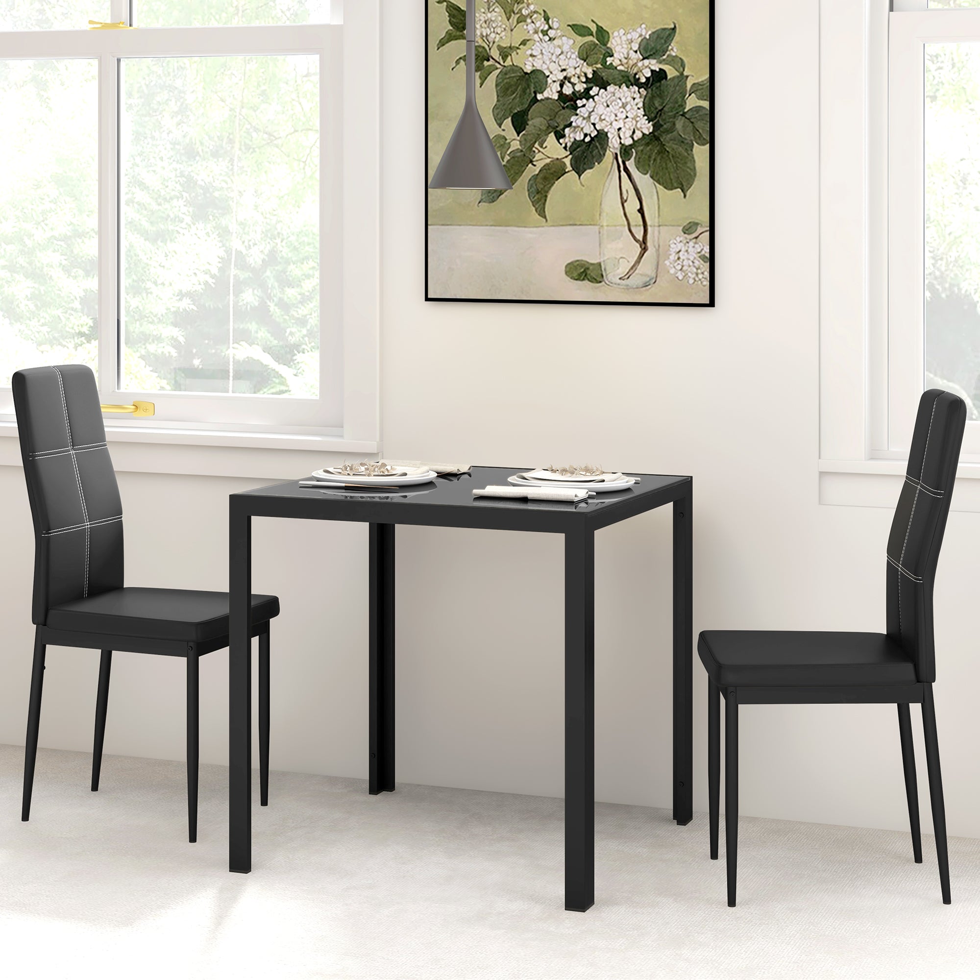 3-Piece Rectangular Glass Kitchen Table and Chairs with Metal Frame and Faux Leather Upholstery for Dining Room, Black Bar Sets   at Gallery Canada