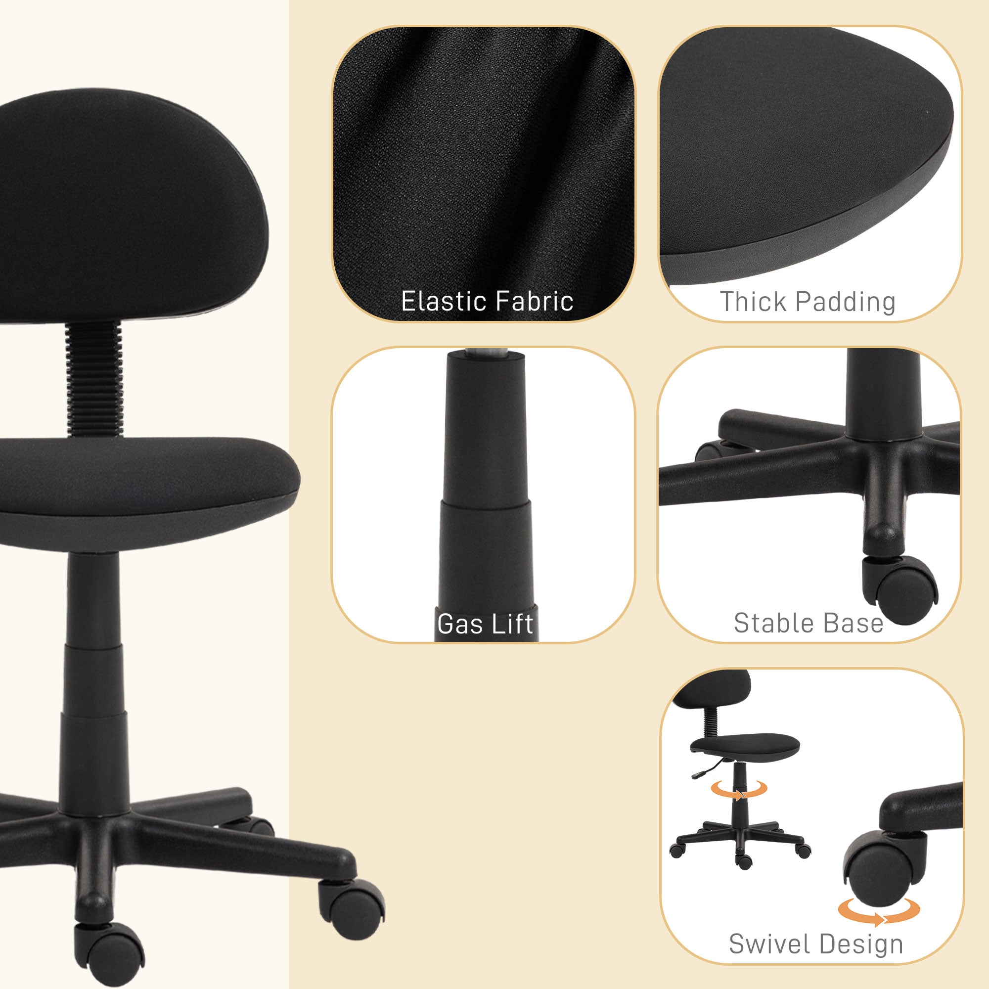 Small Desk Chair, Armless Office Chair with Adjustable Height, 360° Swivel Wheels, Low Back for Small Spaces, Black Task Chairs at Gallery Canada