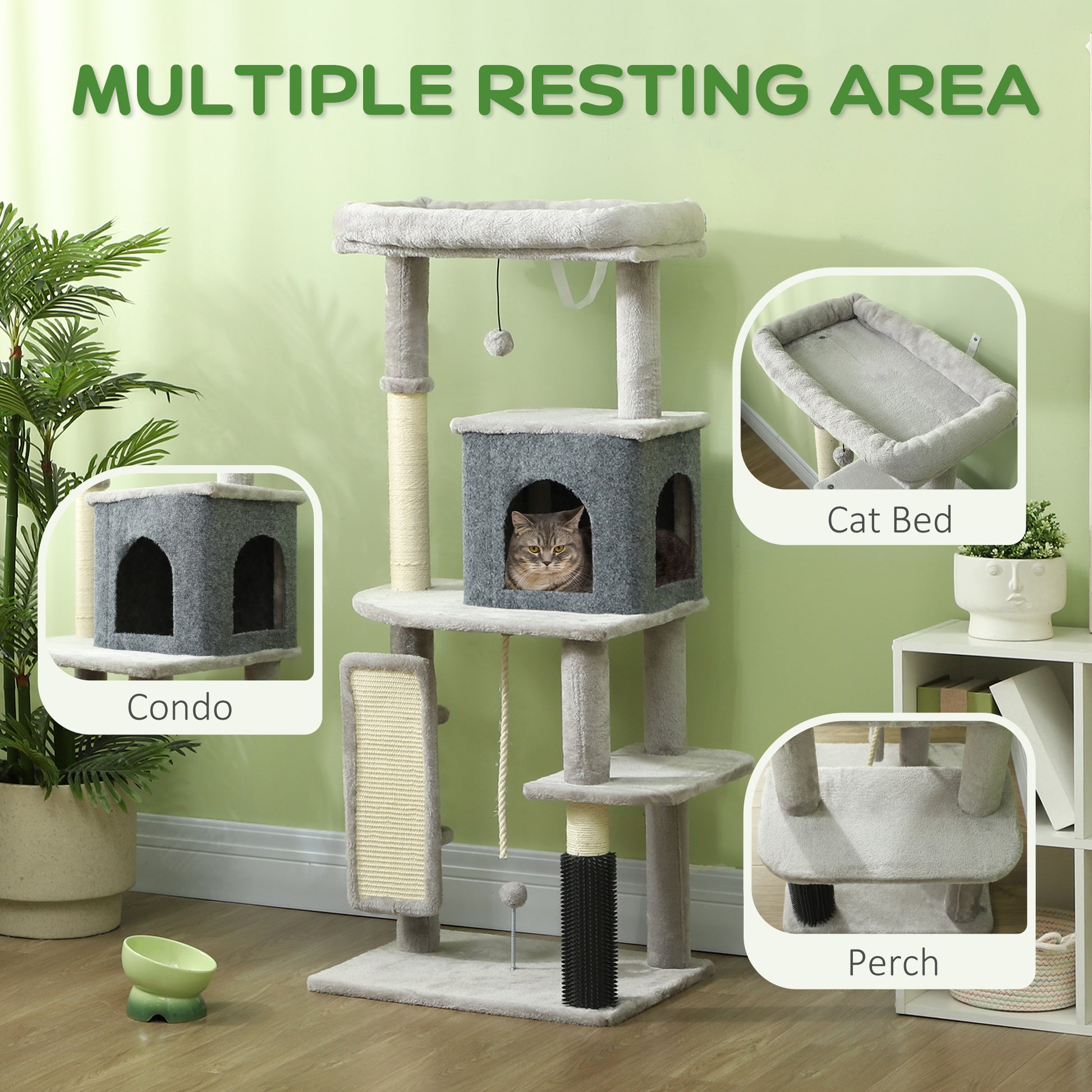 52 Inch Cat Tree with Scratching Posts, Cat Bed, Condo, Grooming Brush, Jumping Platforms, Toy Balls, Anti-tip Kit Cat Trees at Gallery Canada