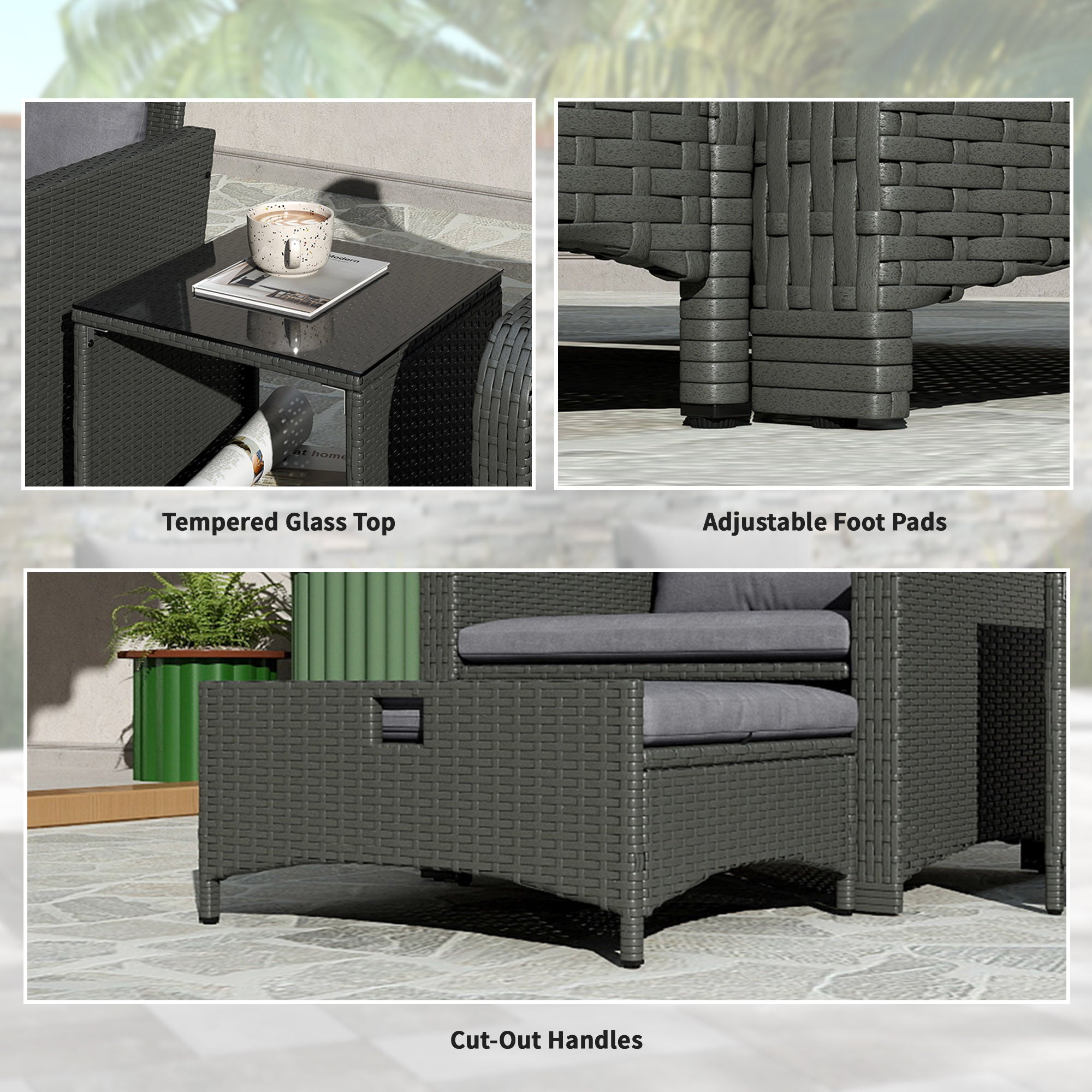 5 Piece Rattan Balcony Furniture Set, Wicker Outdoor Furniture Set with 2-Tier Coffee Table, Ottomans, Grey Patio Furniture Sets at Gallery Canada