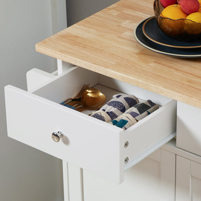 Rolling Kitchen Island with Storage, Kitchen Cart with Rubber Wood Top, Adjustable Shelf, Towel Rack, Hooks and Storage Drawers, White Kitchen Islands & Kitchen Carts   at Gallery Canada