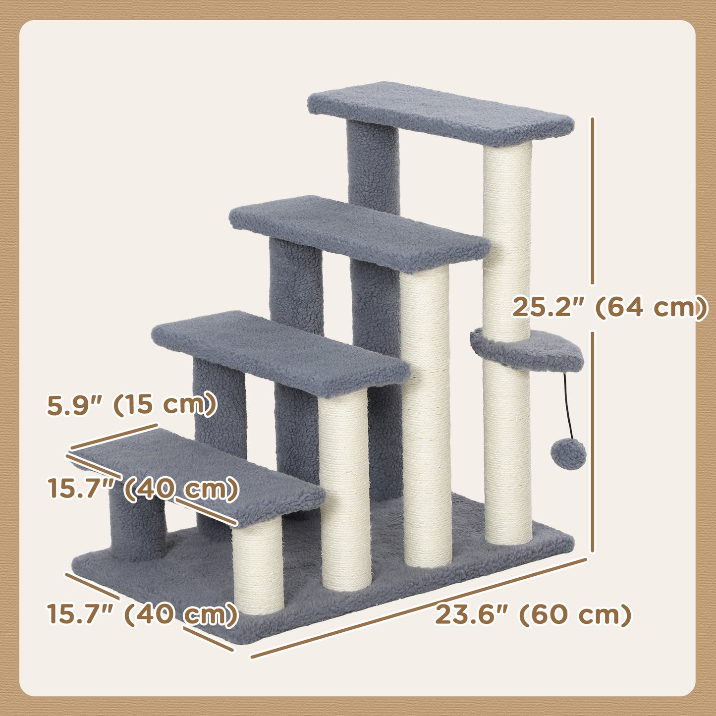 4 Step Cat Tree Stairs with Cat Scratching Post, Jumping Platform, Toy Ball, Grey Cat Stairs   at Gallery Canada