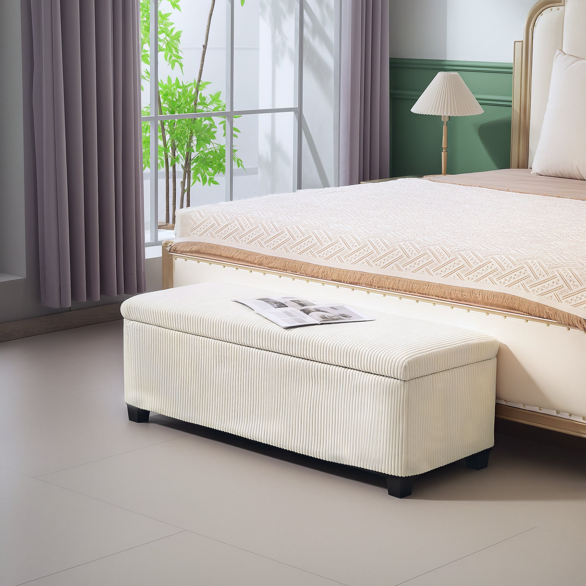 44 Inches Ottoman with Storage, Lid, Legs, Corduroy End of Bed Bench for Living Room, Bedroom, Entryway, Beige Storage Ottomans & Benches at Gallery Canada