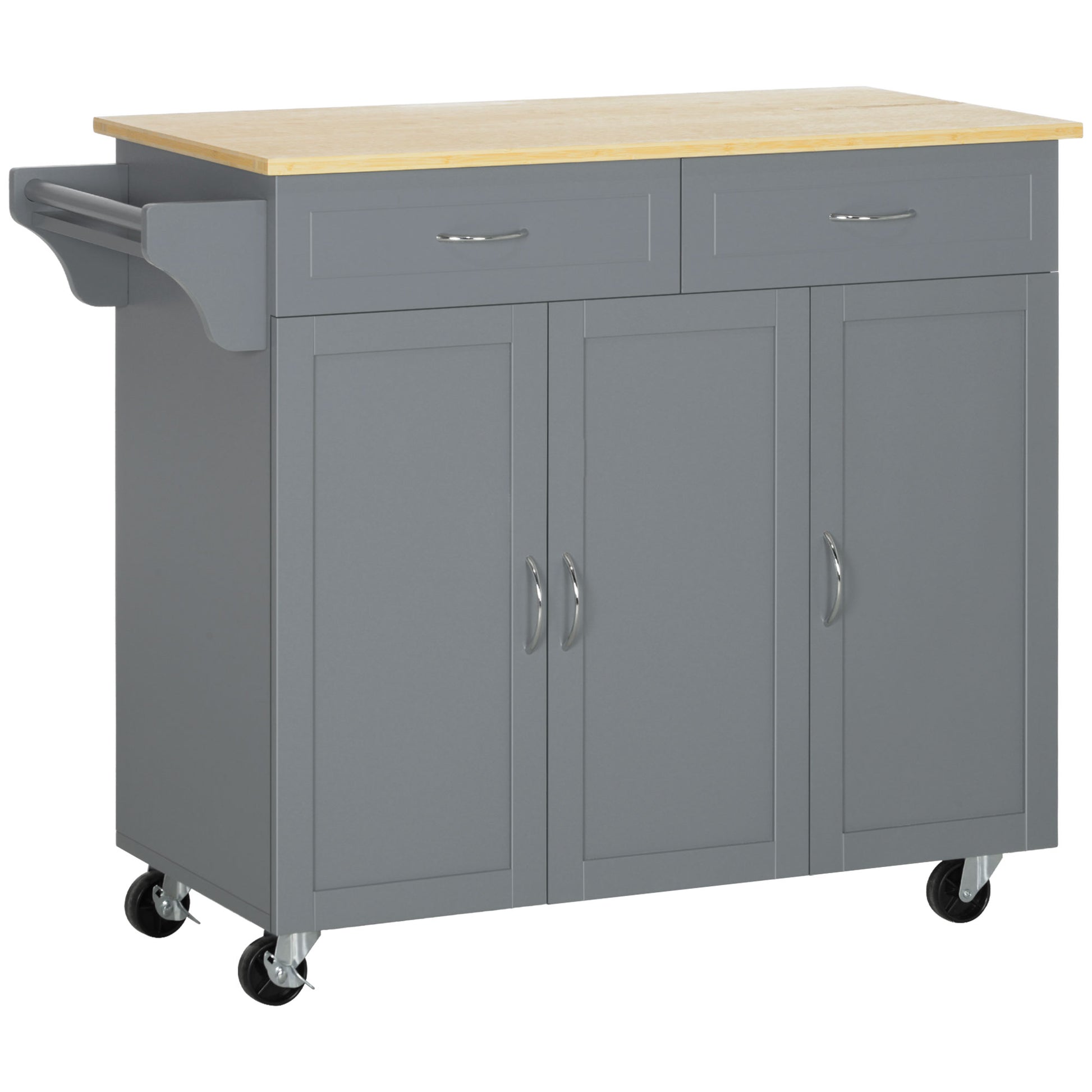 Kitchen Cart with Storage, Rolling Kitchen Island on Wheels with Bamboo Countertop, Drawers, Cabinets, 3 Doors, Grey Kitchen Islands & Kitchen Carts   at Gallery Canada