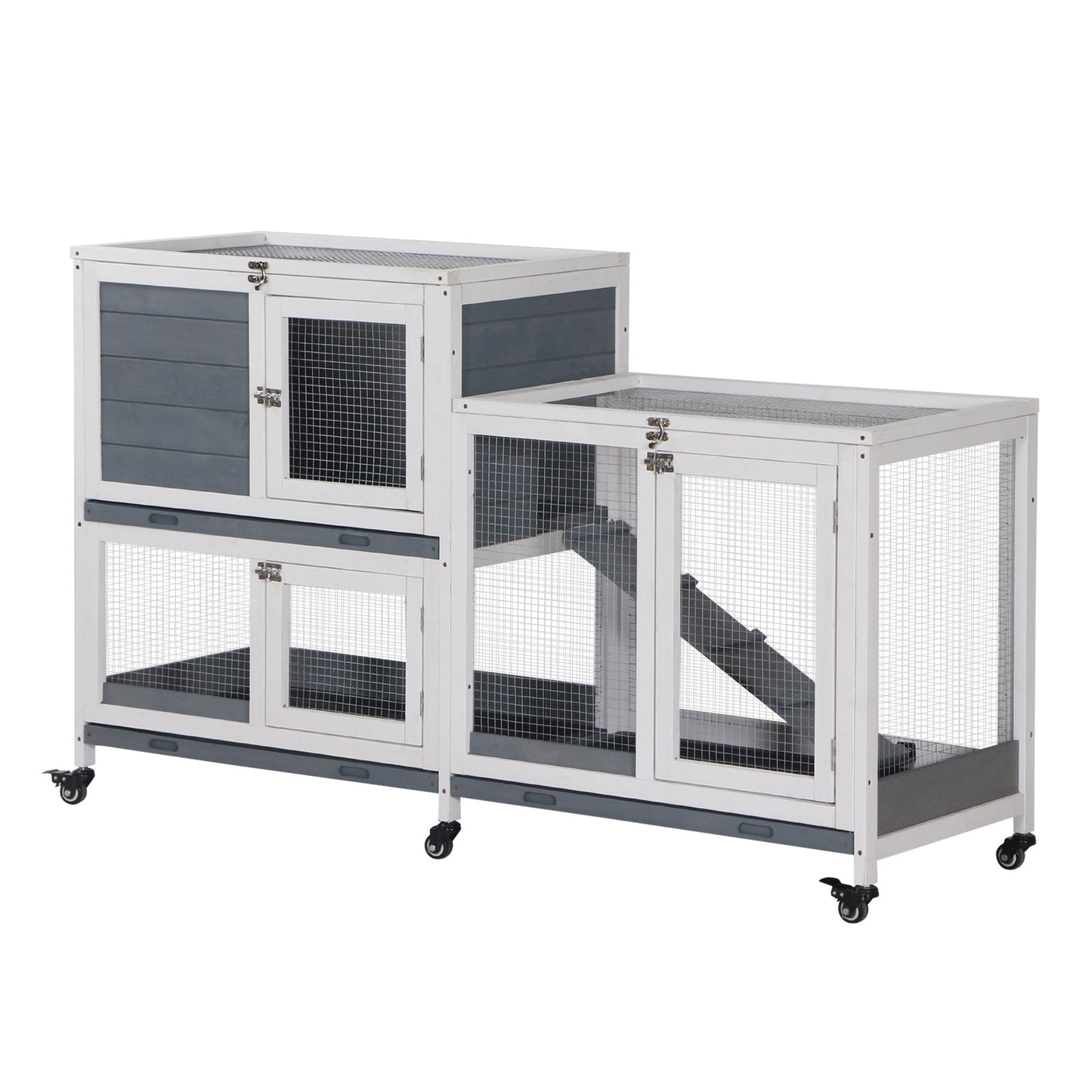 Wooden Rabbit Hutch Elevated Pet House Bunny Cage Small Animal Habitat with Slide-out Tray Lockable Door Openable Top for Indoor 58" x 18" x 35" Grey Rabbit Hutch White and Grey  at Gallery Canada