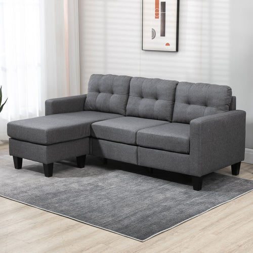 L-shaped Sofa, 3 Seater Couch with Ottoman, Corner Sofa with Thick Padded Cushion and Wood Legs, Dark Grey