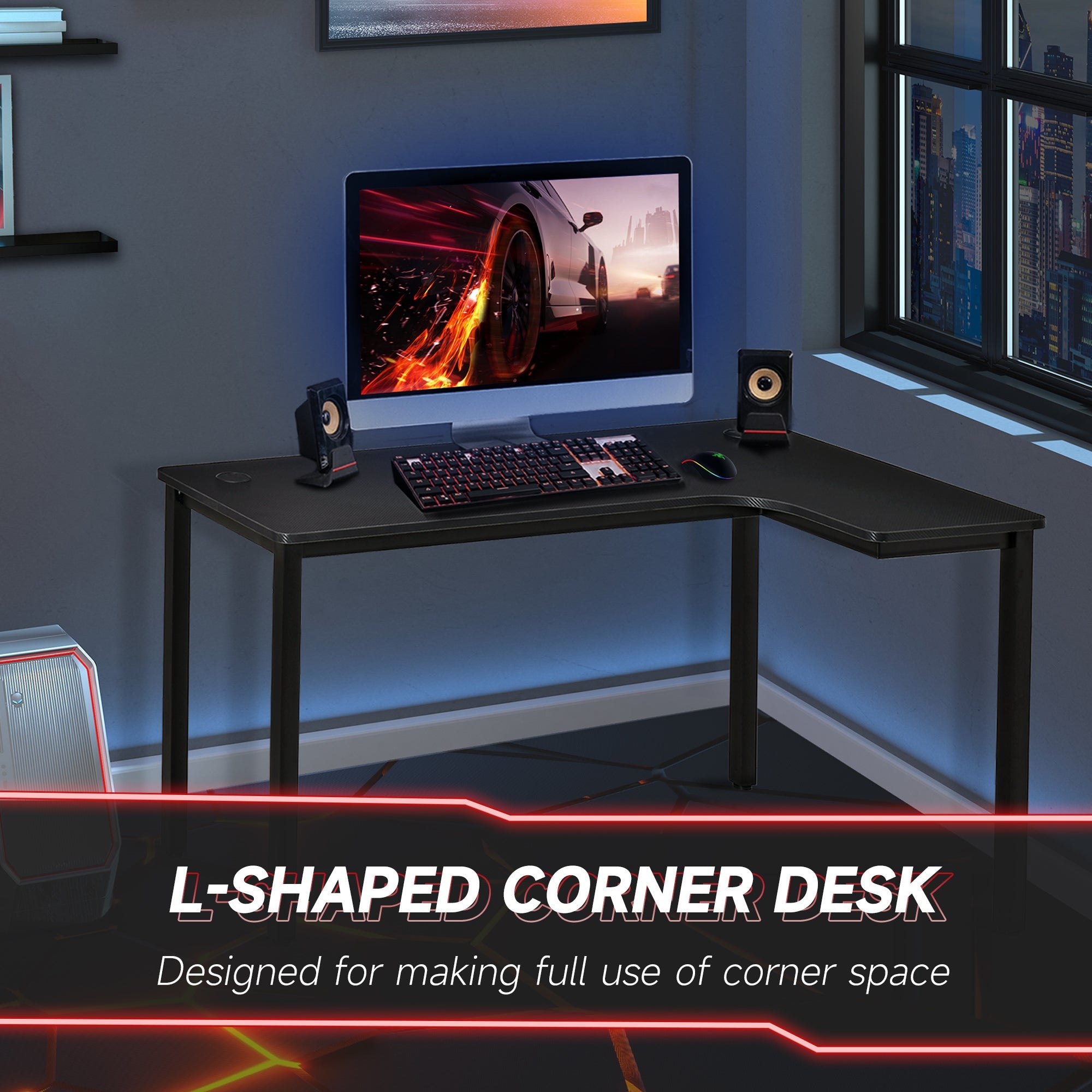 L-Shaped Desk, 57 Inch Corner Desk, Computer Table, Writing Workstation for Home Office with Cable Management, Black Writing Desks   at Gallery Canada